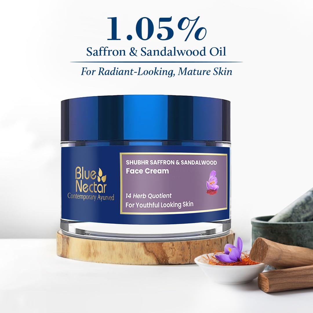 Blue Nectar Face Cream for Women for Aging Skin | Ayurvedic Daily Face Moisturizer for Women with Kumkumadi Saffron Oil for Skin | Hydrating Day & Night Cream (14 Herbs, 1.76 Oz) - Medaid International