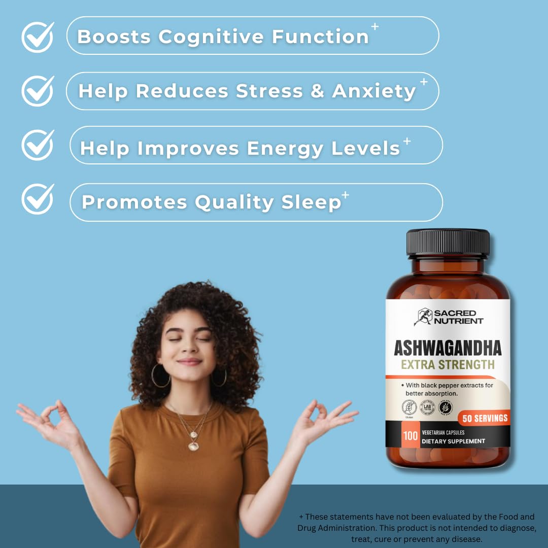 Sacred Nutrient Ashwagandha Organic Extra Strength Supplement with Black Pepper for Stress & Mood Support, Energy 300mg Extract (Equivalent 3000mg Herb), 100 Capsules - Medaid International