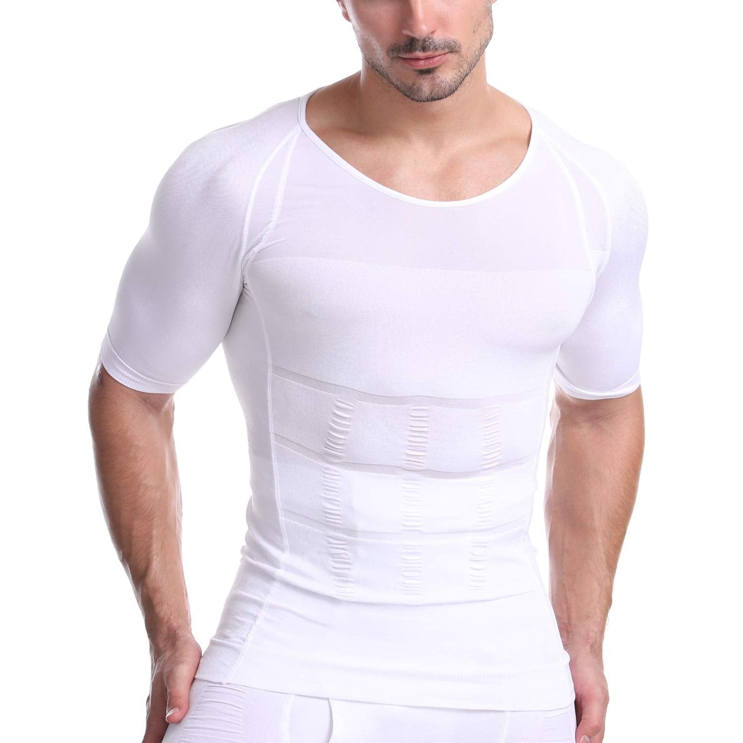 Cacosa Men's Body Shaper Slimming Shirt Tummy Waist Lose Weight Shirt, Men's Elastic Sculpting Vest Thermal Compression Base Layer Slim Compression Muscle Tank (White, L) - Medaid International