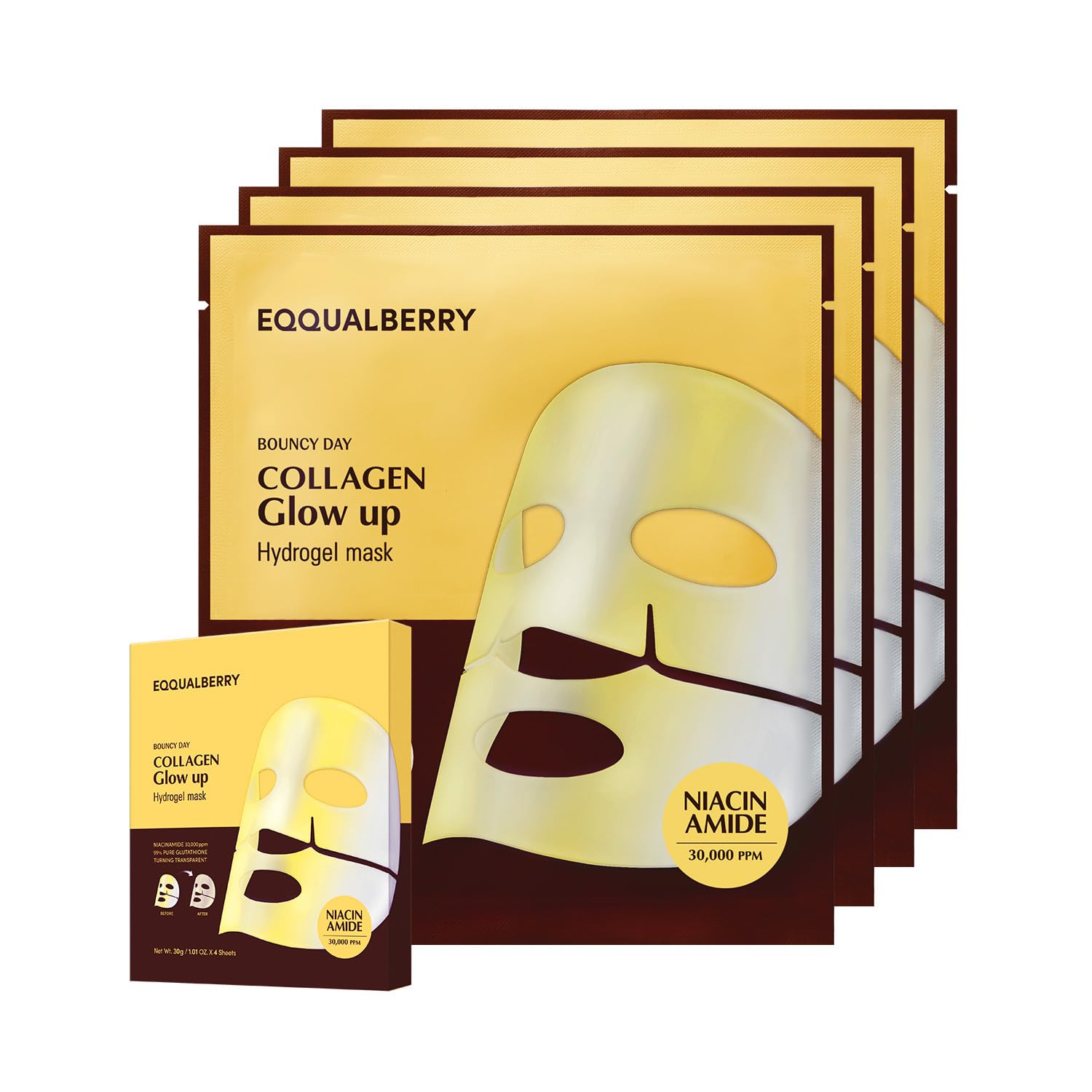 EQQUALBERRY Collagen Glow Up Mask - Niacinamide & Low Molecular Collagen for Brightening and Radiance Boosting | Korean Collagen Face Mask for Glass Skin, 4 Sheets, 1.01 OZ. - Medaid International