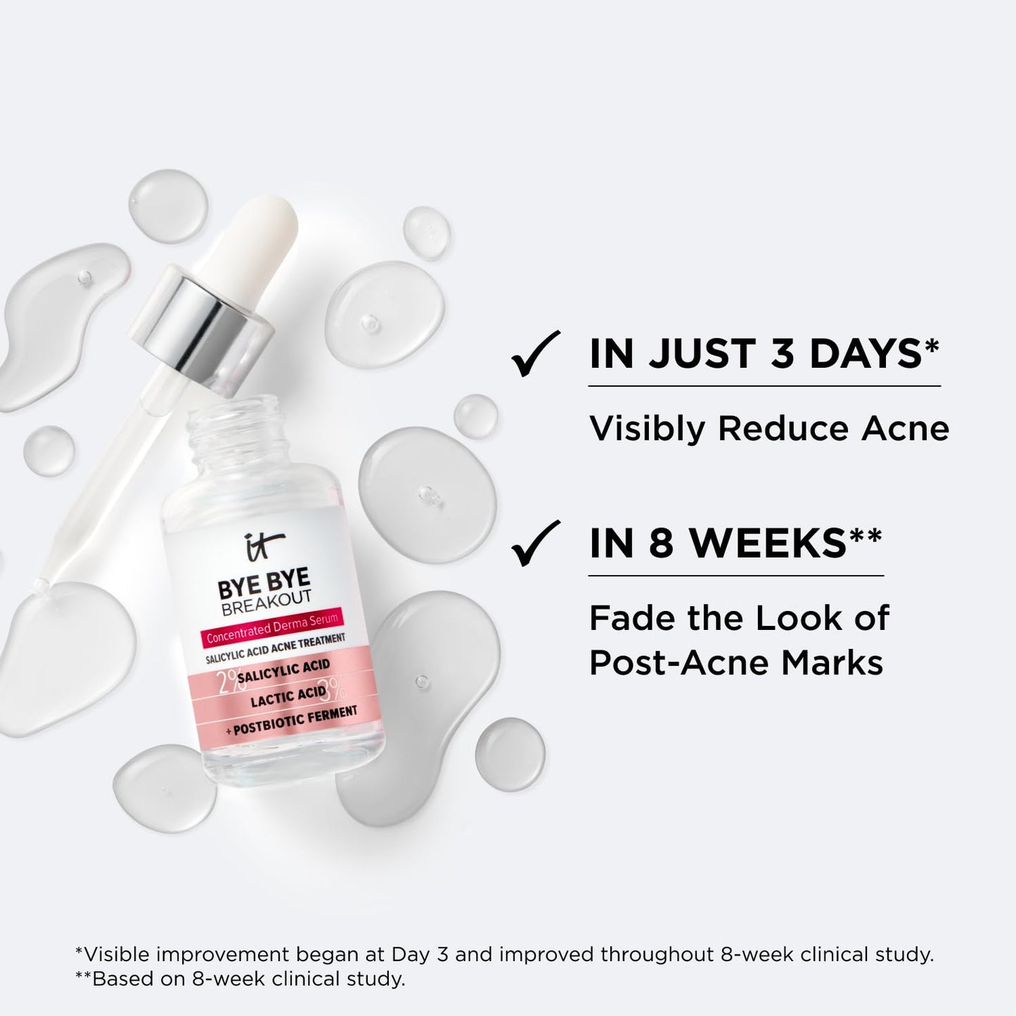 IT Cosmetics Bye Bye Breakout Acne Treatment Face Serum -With 2% Salicylic Acid & 3% Lactic Acid - Helps Reduce Pimples in 3 Days & Fades Look of Post-Acne Marks in 8 Weeks - 1 Fl. Oz - Medaid International