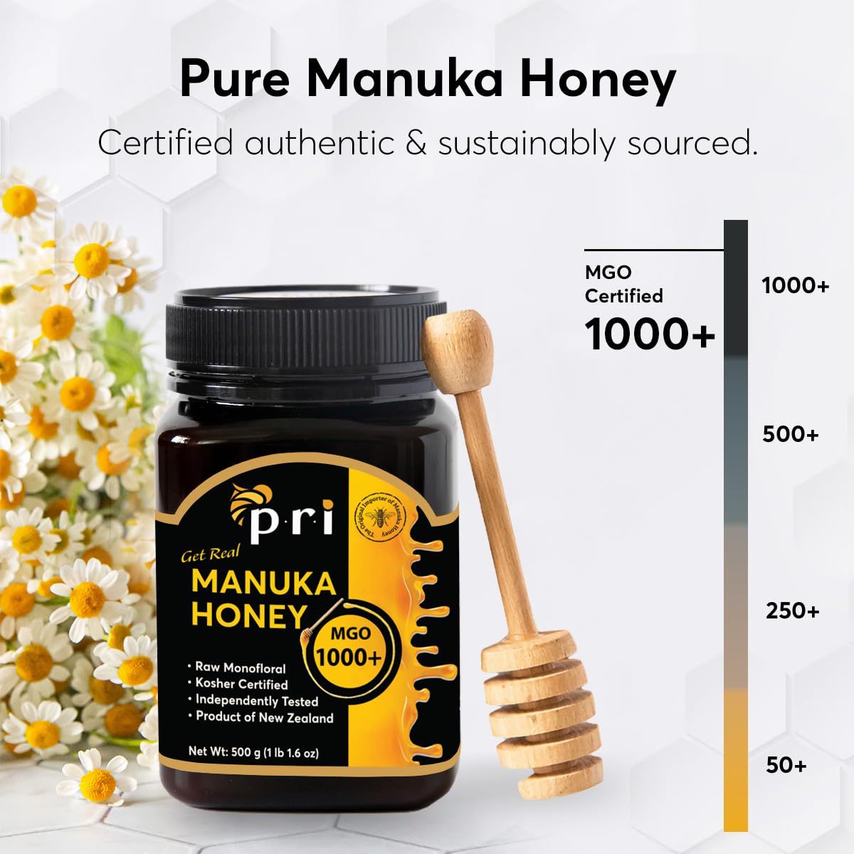 P.R.I Manuka Honey MGO 1000+, 1.1LB High Strength - Raw Manuka Honey (500g Jar) - Medaid International