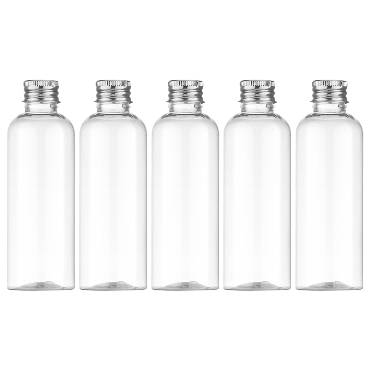 TERRIFI 3.4 oz Travel Size Bottles - 5 PCS Refillable, Leak-Proof Cosmetic Containers with Silvery Screw Cap - 100ml Clear Bottles for Travel Essentials