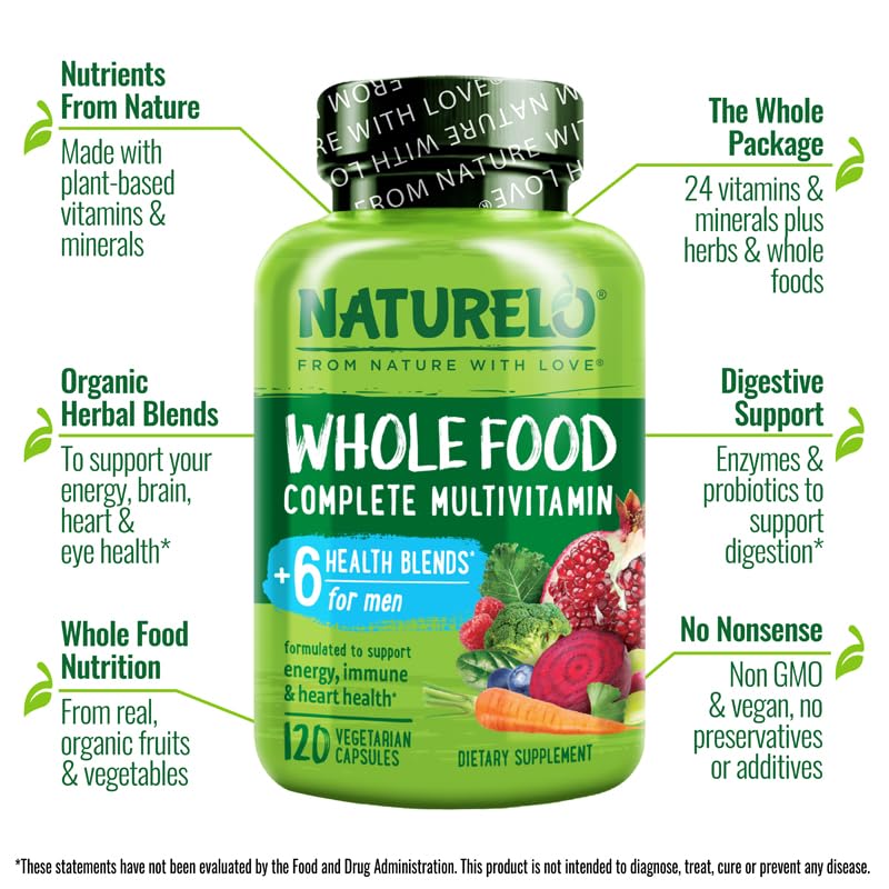 NATURELO Mens Multivitamins - Whole Food Multivitamin for Men with Vitamins, Minerals - 120 Vegetarian Capsules for Energy, Brain, Heart, Eye Health* - Medaid International