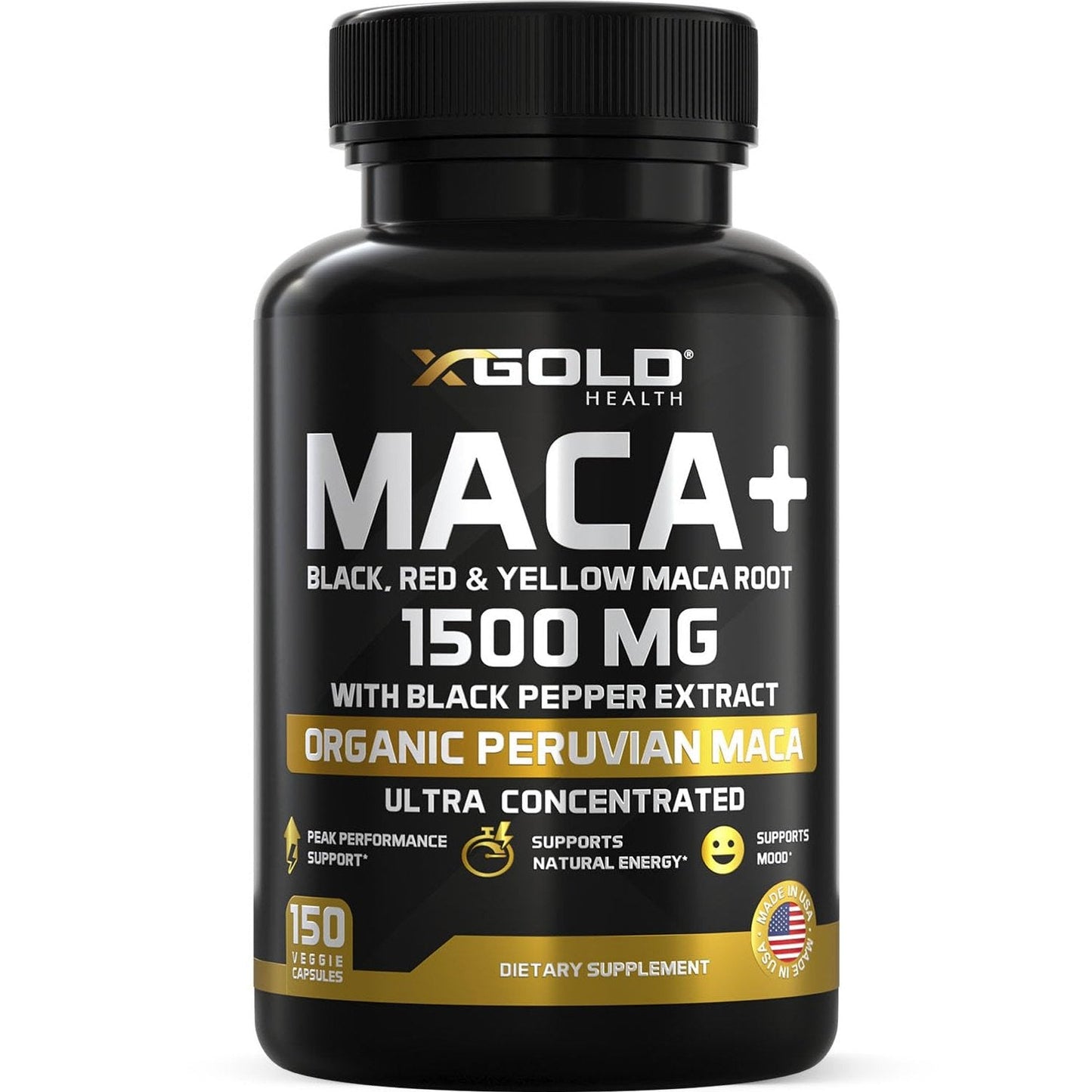 X Gold Health Organic Maca Root Powder Capsules 1500mg with Black | Red & Yellow Peruvian Maca Root Extract Gelatinized, Energy & Mood Supplement for Men & Women + Black Pepper for Best Benefits - Medaid International