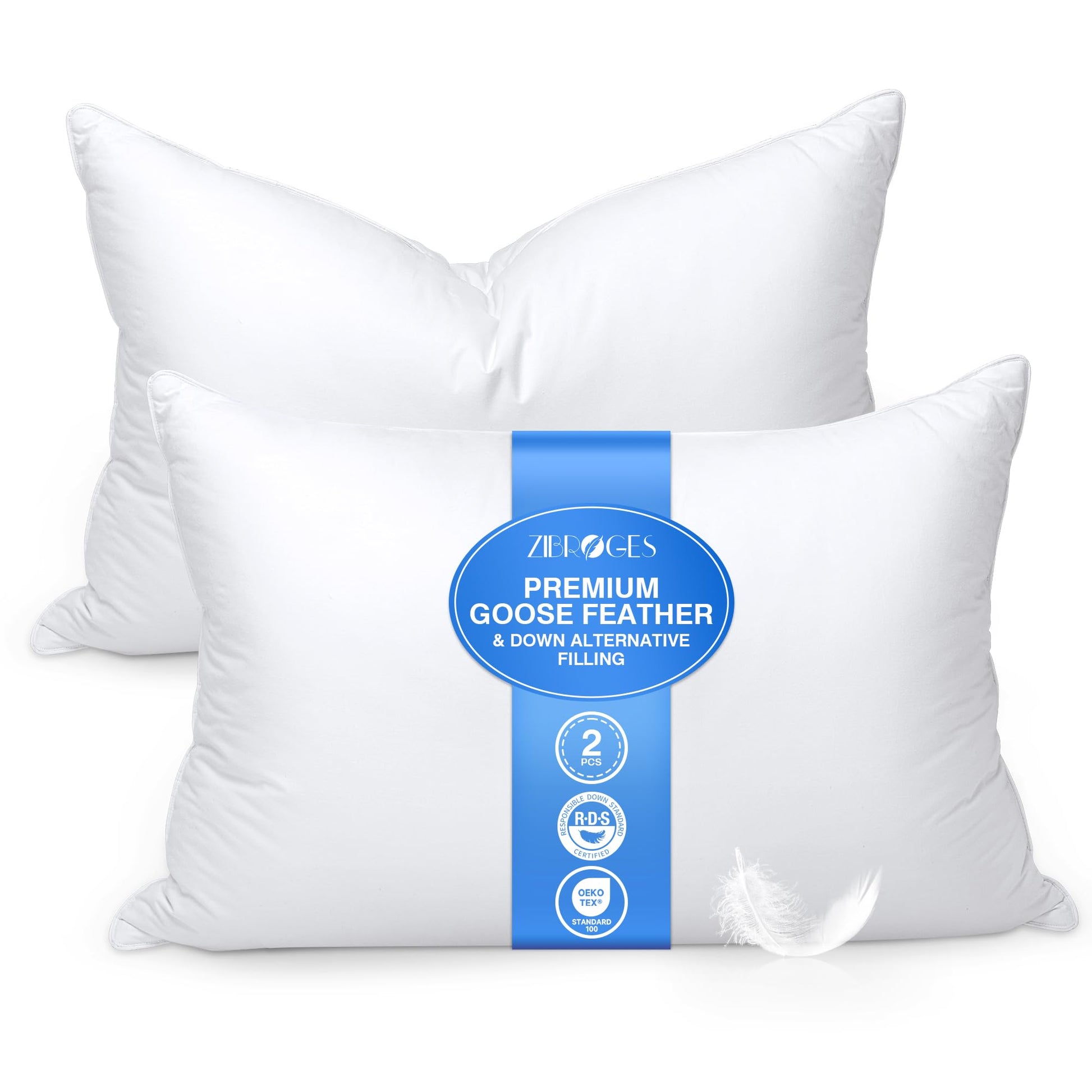 zibroges Feather Pillows Queen Size Set of 2 - Goose Down Hotel Bed Pillow for Sleeping, Soft 600 Thread Count Cotton Cover, Fluffy Support Surround Fill Polyester for Side, Back, Stomach Sleepers - Medaid International