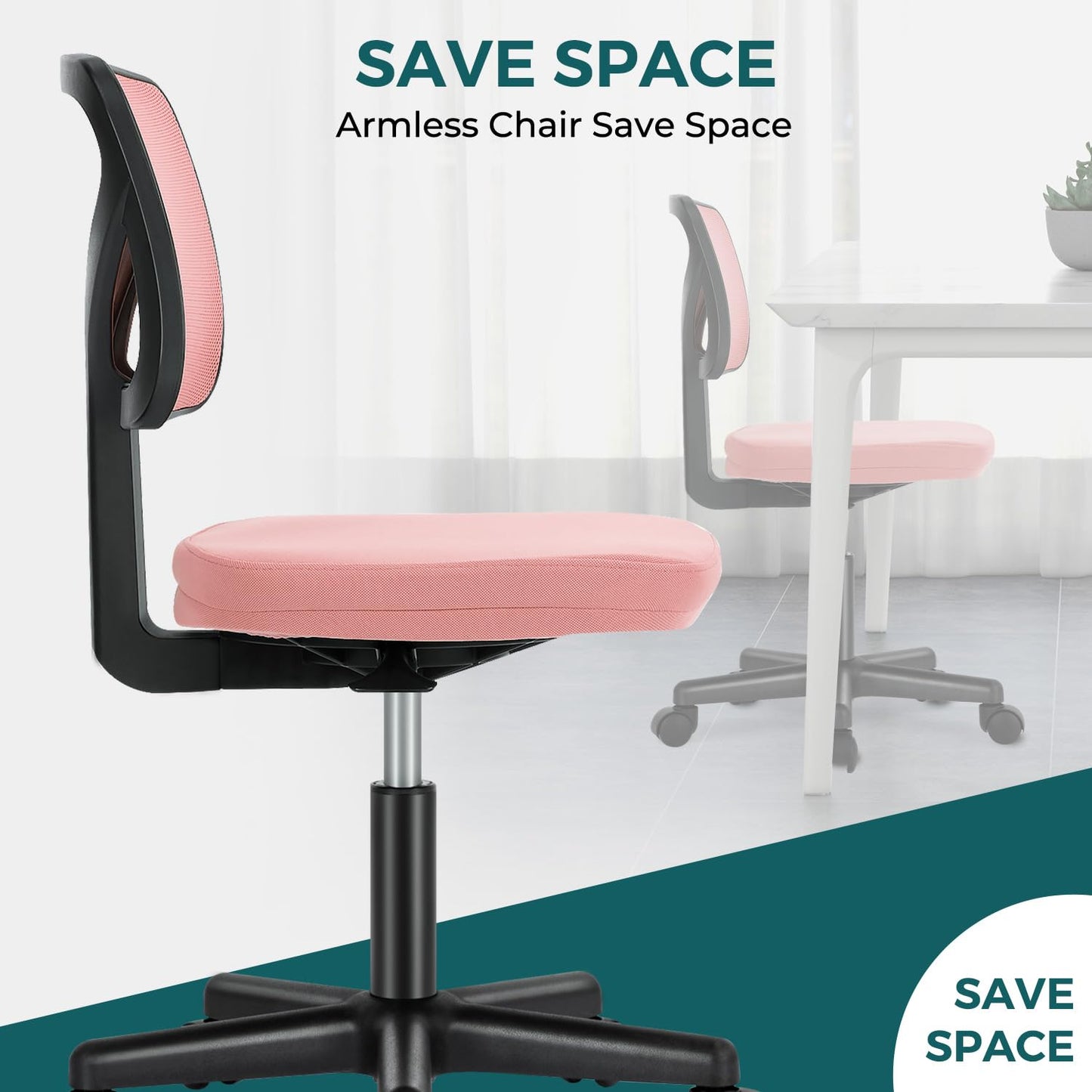 DUMOS Armless Desk Chairs with Wheels, Ergonomic Adjustable Home Office Swivel Rolling Task Chair No Arms, Comfy Mesh Mid Back Computer Work Vanity Desk Seat for Small Spaces, Light Pink - Medaid International