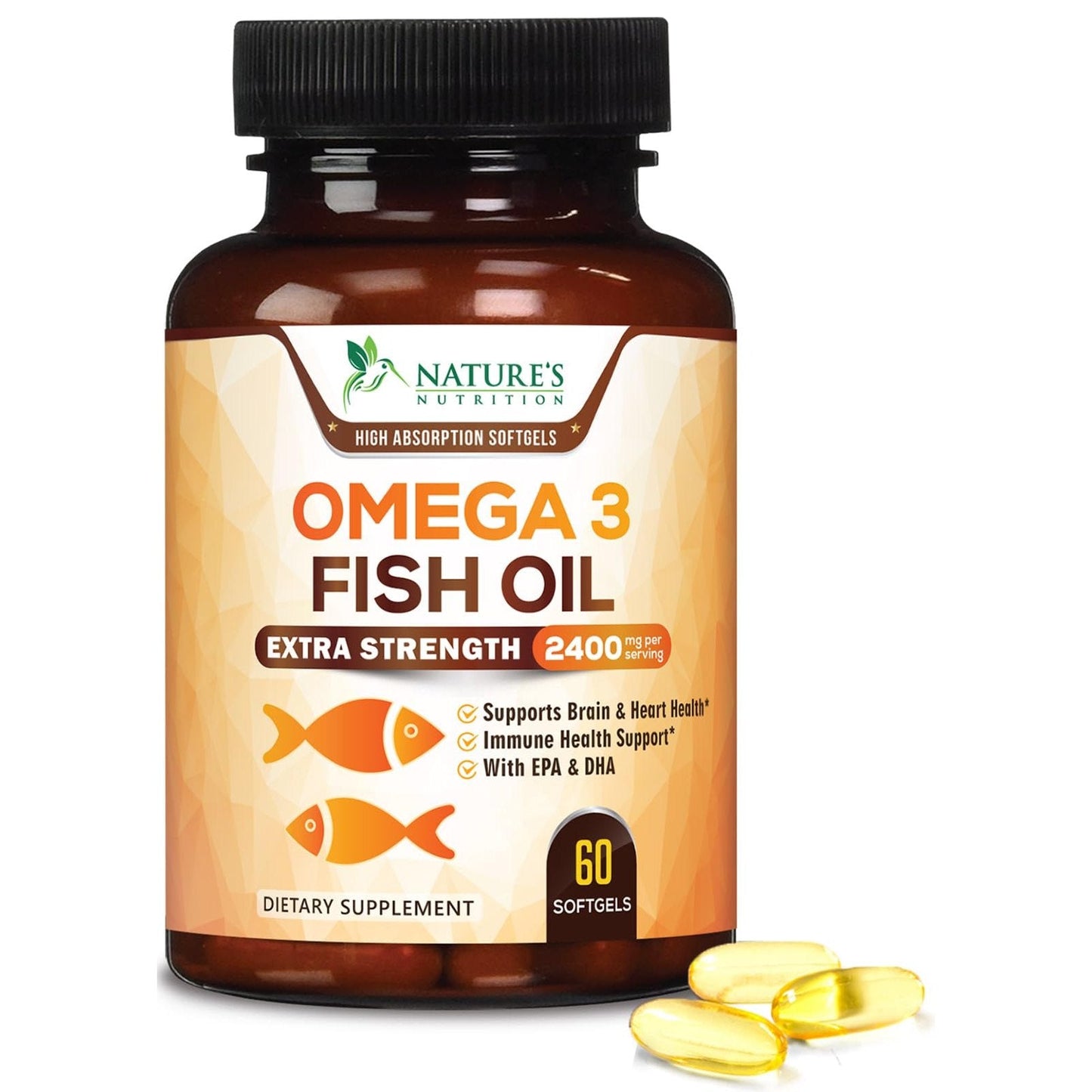Omega 3 Fish Oil 2400 mg – Triple Strength EPA & DHA Fatty Acids for Heart, Brain & Joint Support – Wild-Caught, Burpless, Lemon Flavor Supplement – Natural, Non-GMO, Gluten-Free – 60 Softgels - Medaid International