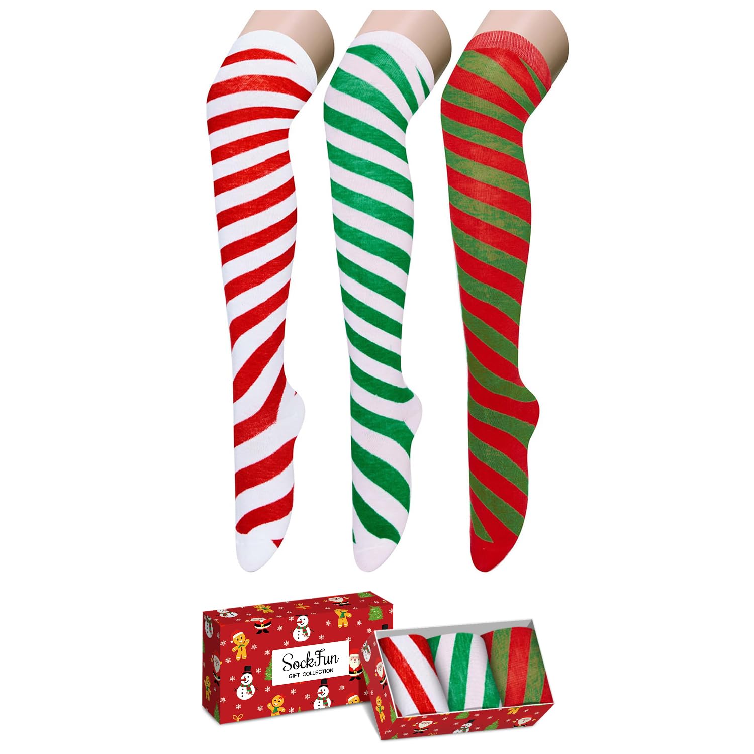 Christmas Knee High Socks - Red Green Elf Candy Cane Socks for Women 3 Pack - Medaid International