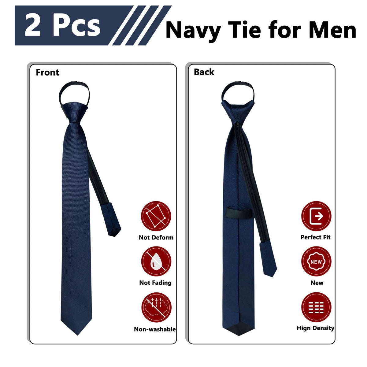 TERRIFI Men's Pretied Adjustable Tie Solid Color 3.15'' Zipper Ties Neckties, refer to Wedding, Business, Graduation and School(Set of 2)