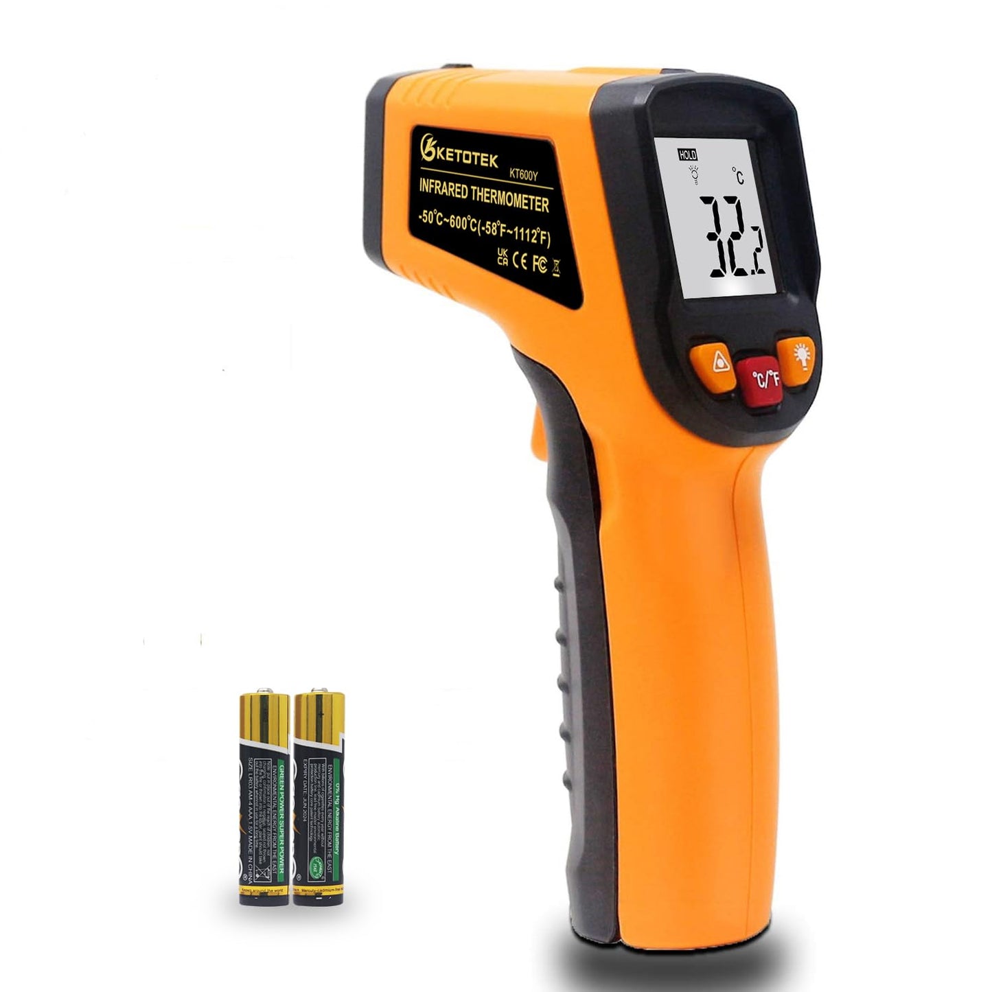 Ketotek Digital Infrared Thermometer Temperature Gun -58°F-1112 °F(-50°C - 600°C) Handheld Non Contact IR Laser Thermometer KT600Y for Cooking Meat Refrigerator Pool Pizza Oven BBQ Food - Medaid International
