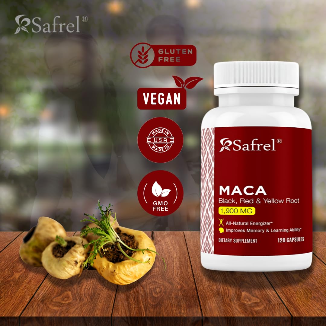 Safrel Organic Maca Root Black, Red, Yellow 1900 MG per Serving - 120 Vegan Capsules Peruvian Maca Root Gelatinized 100% Pure Non-GMO Supports Reproductive Health Natural Energizer - Medaid International