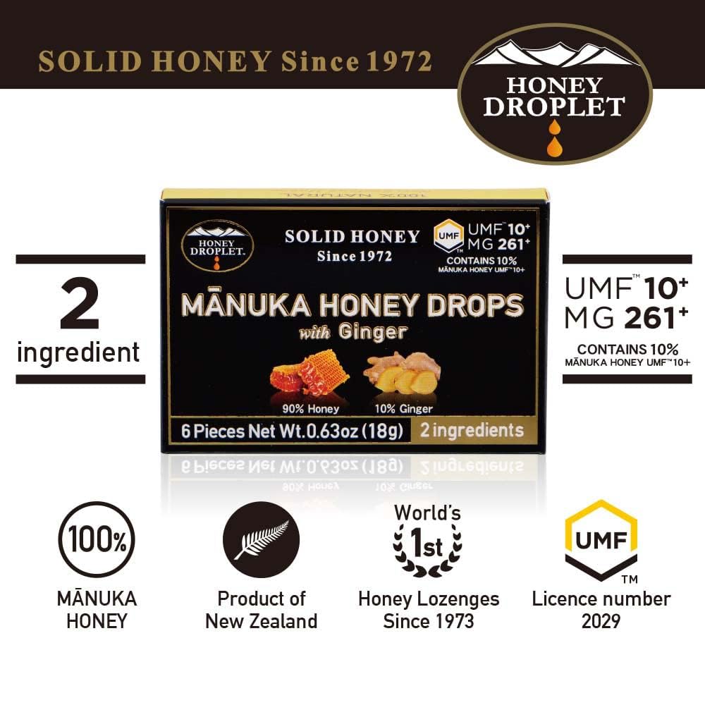 HONEY DROPLET] UMF™10+ (MG 261+) 100% Manuka Honey Drops, Truly Natural from New Zealand, 2 Premium Ingredient, 12 Packs (Ginger Flavor) - Medaid International