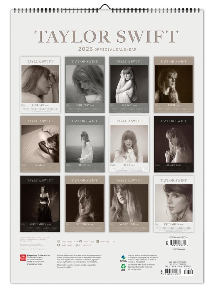Taylor Swift OFFICIAL | 2026 11.7 x 16.5 Inch (Hanging) Monthly A3 Poster Wall Calendar | BrownTrout | Music Pop Singer Songwriter Celebrity - Medaid International