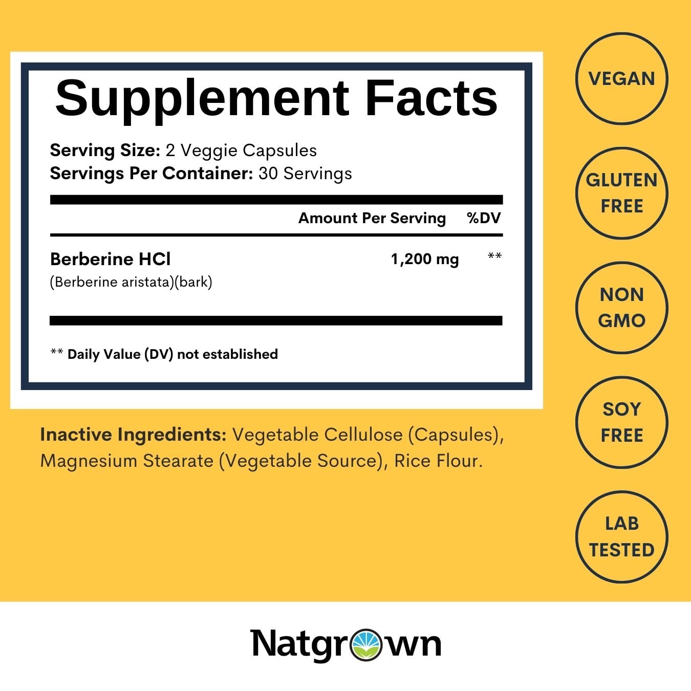 Natgrown Berberine Supplement - Berberine HCl 1200 mg Per Serving - Vegan, Gluten Free, Non-GMO - 60 Capsules - Medaid International