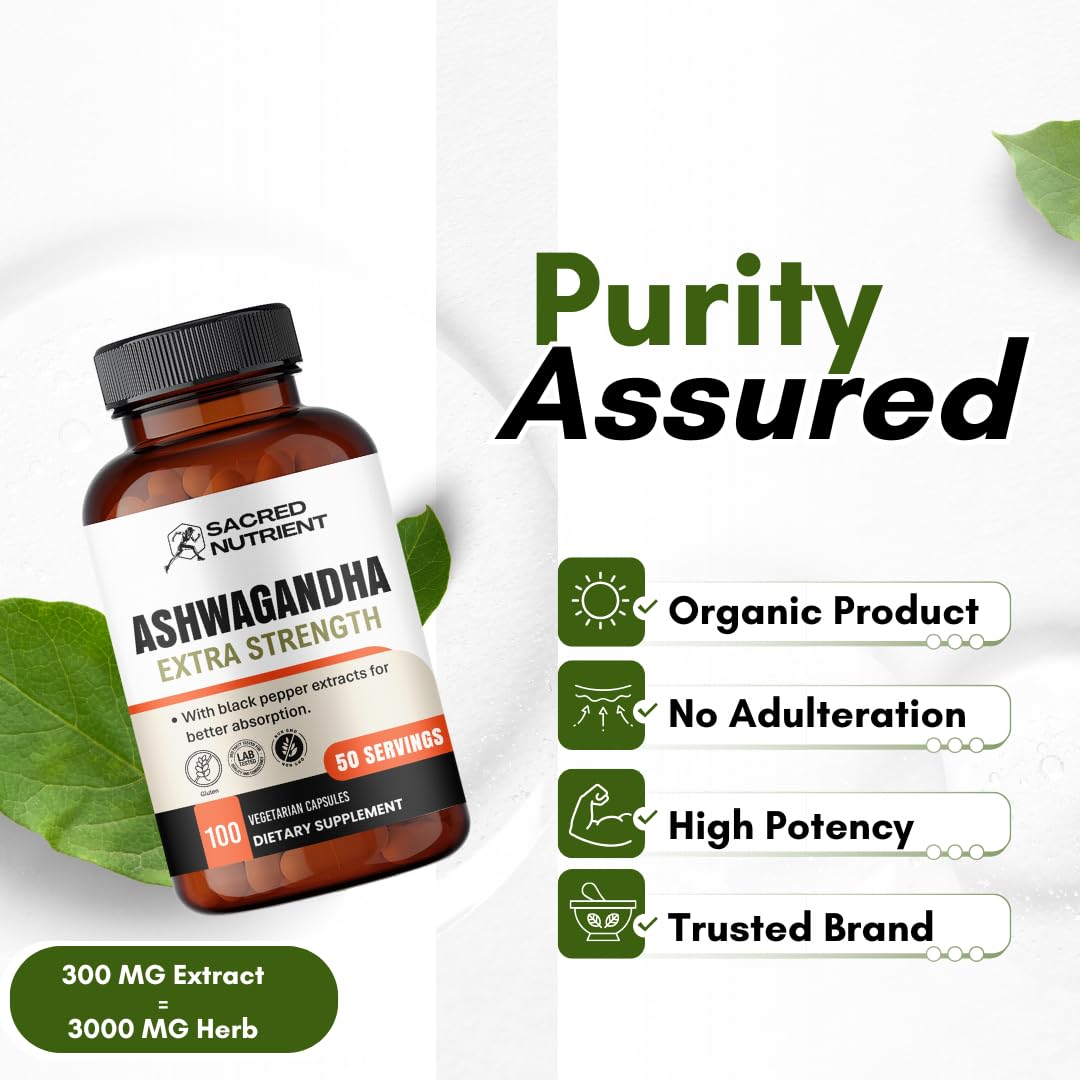 Sacred Nutrient Ashwagandha Organic Extra Strength Supplement with Black Pepper for Stress & Mood Support, Energy 300mg Extract (Equivalent 3000mg Herb), 100 Capsules - Medaid International