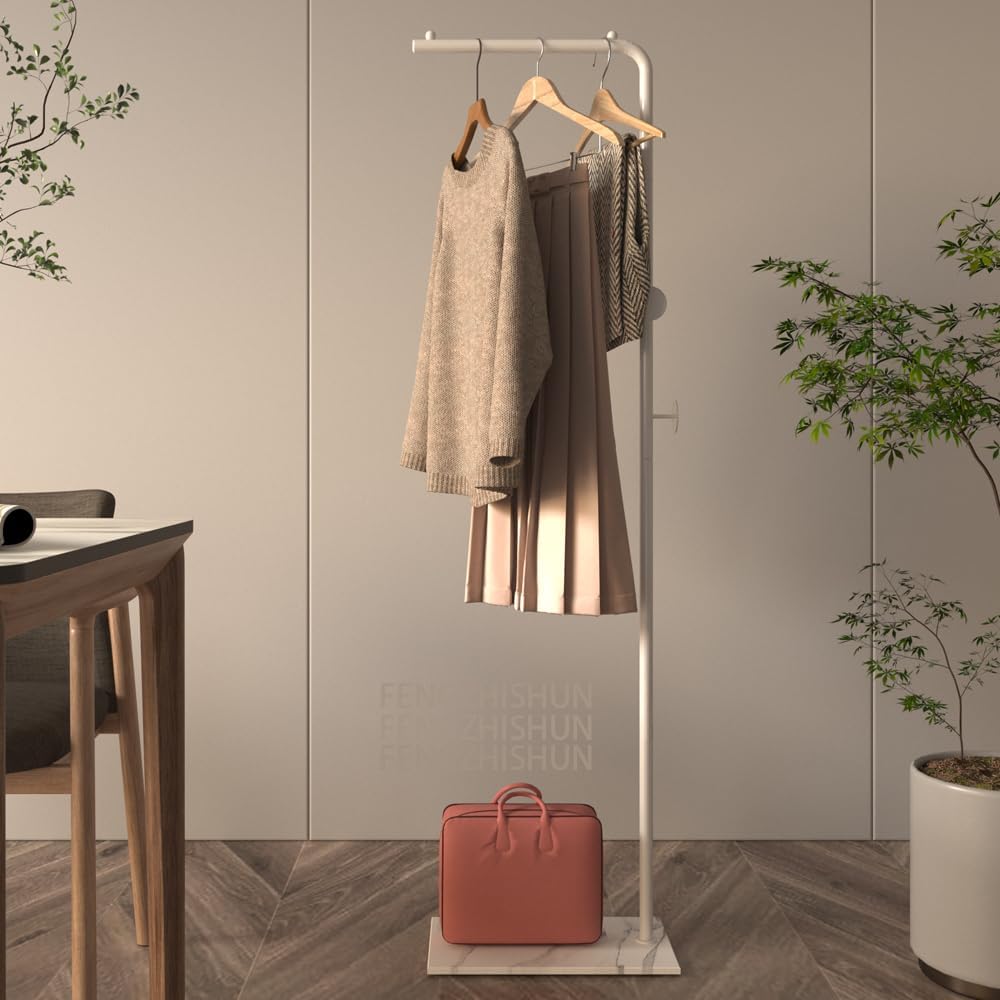 Metal Coat Rack Freestanding with Natural Marble Base 63” 160cm Entryway Coats Hanger Stand with 3 Hooks, Home Bedroom Hotel Hall Tree for Coats, Hats, Scarves, Clothes, and Handbags (Luxury Gold) - Medaid International