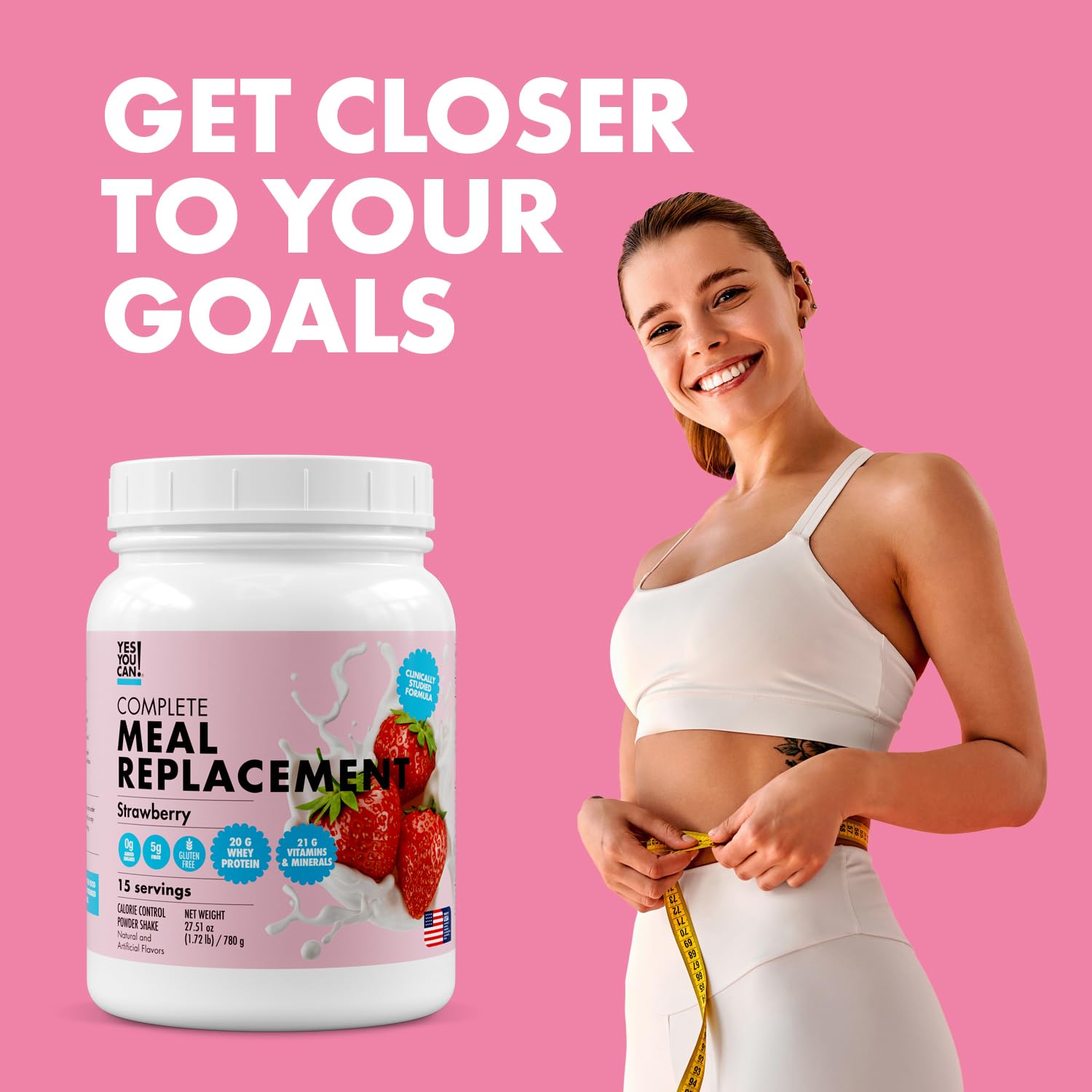 Yes You Can! Meal Replacement Shake - 20G Protein, 5G Fiber, 21 Vitamins & Minerals - Meal Replacement Protein Powder - Complete All-in-One Nutrition - 15 Servings (Strawberry) - Medaid International