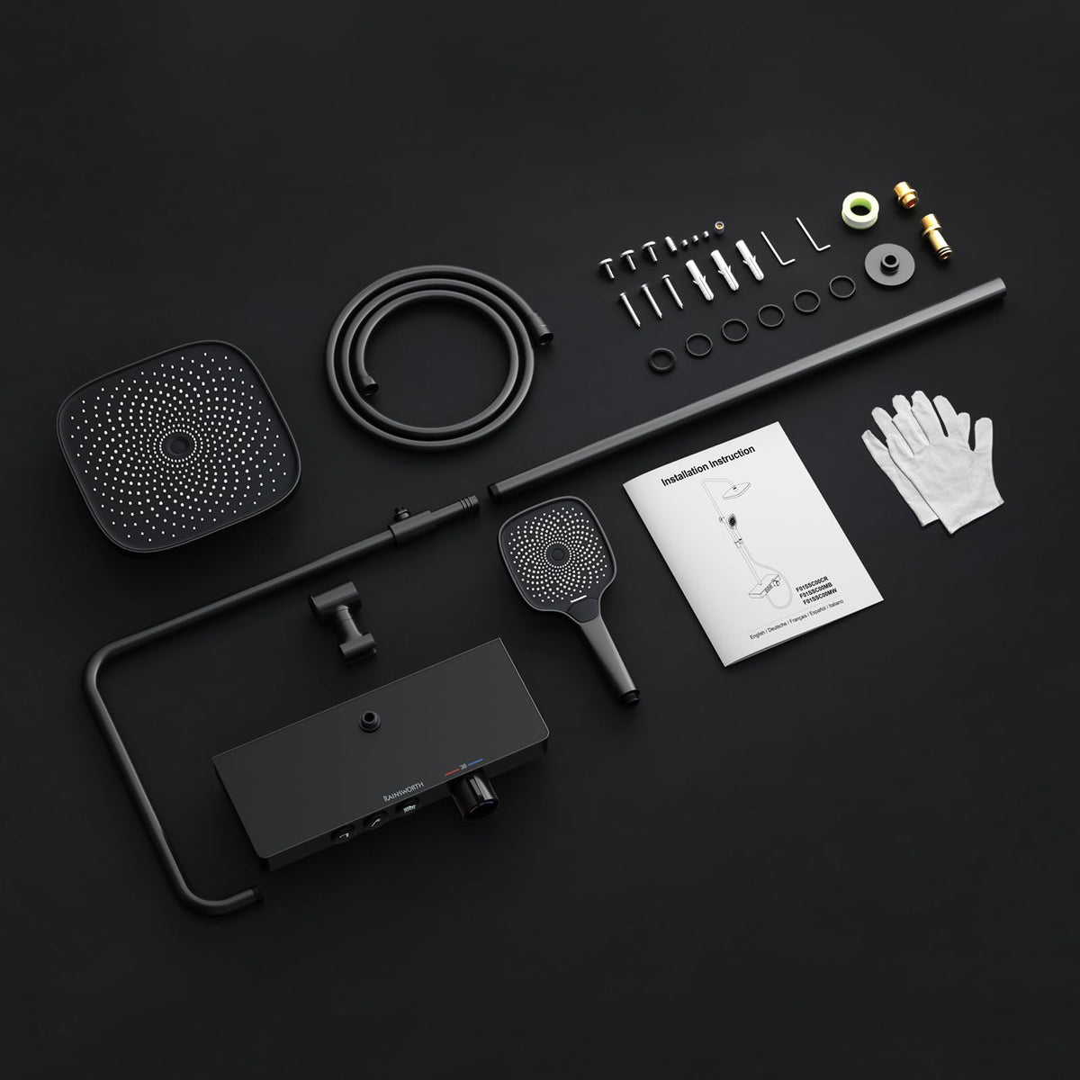 Rainsworth Shower System With Thermostat and Glass Shelf - Black Complete Set With Rain Shower 26 x 26 cm, Hand Shower 3 Jet Types and Lower Spout - Fitting With Tap