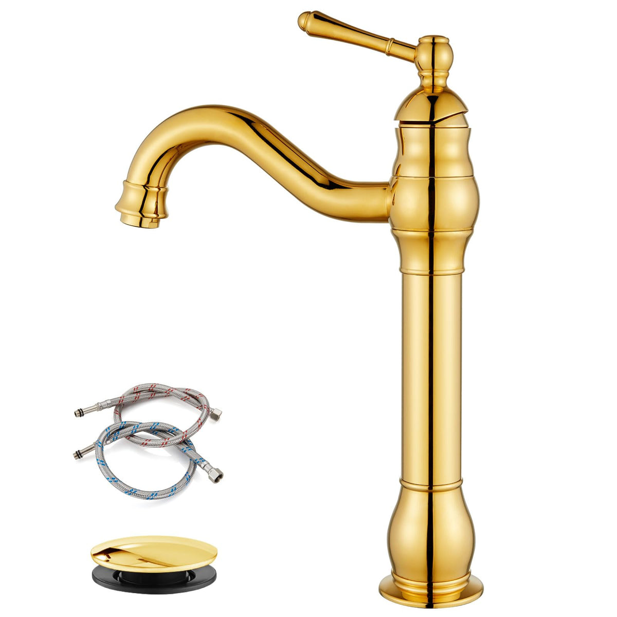 gotonovo Bathroom Vessel Sink Faucet Polish Chrome Single Handle Lavatory Vanity Mixer Bar Tap 360° Swivel with Pop Up Drain Tall Spout Single Hole Deck Mount