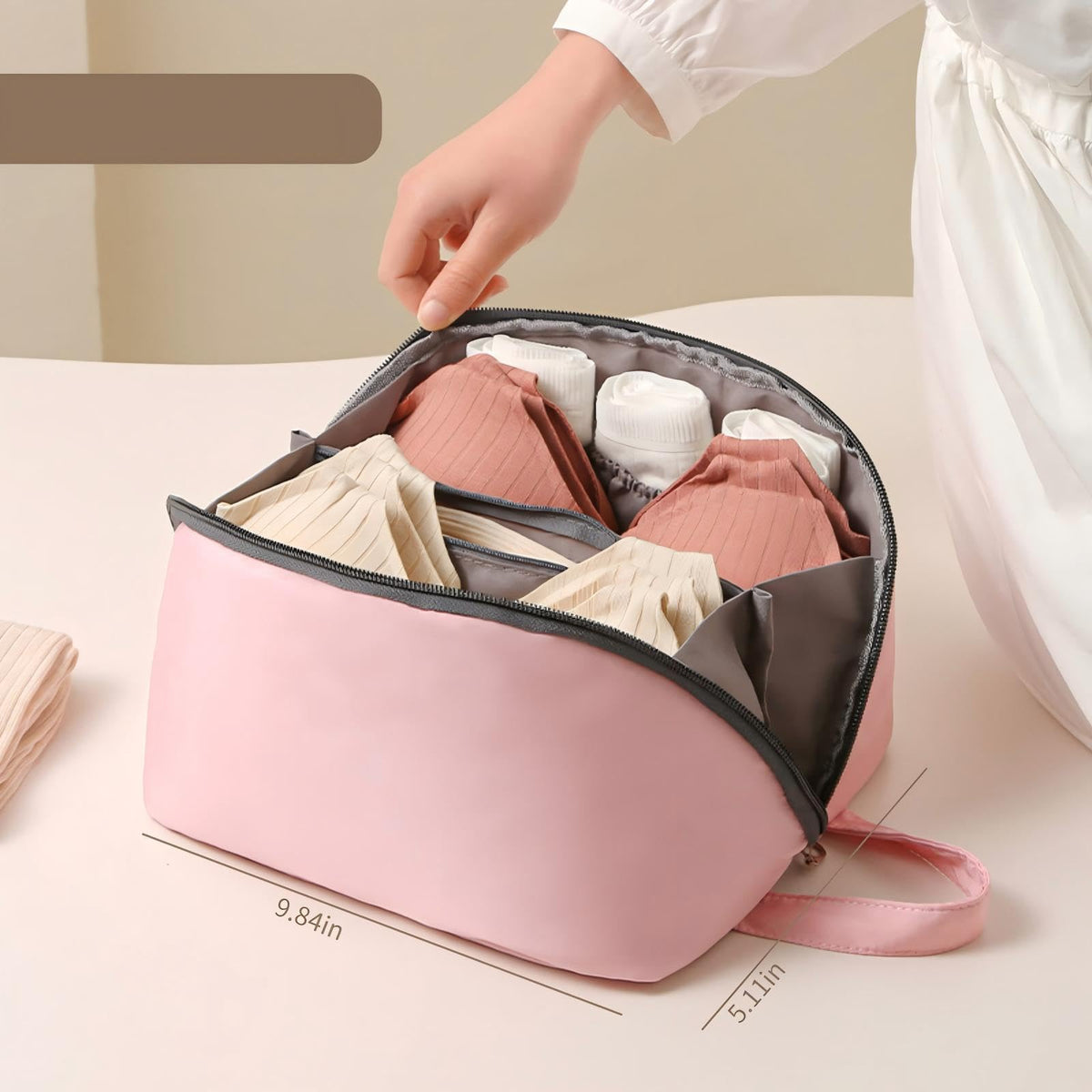 TERRIFI Travel Underwear Organizer Bag, Portable Bra and Lingerie Storage Pouch with Liner, Large Packing Cube for Underwear, Socks, Cosmetic, and More - Ideal for Travel and Home Use (Pink)
