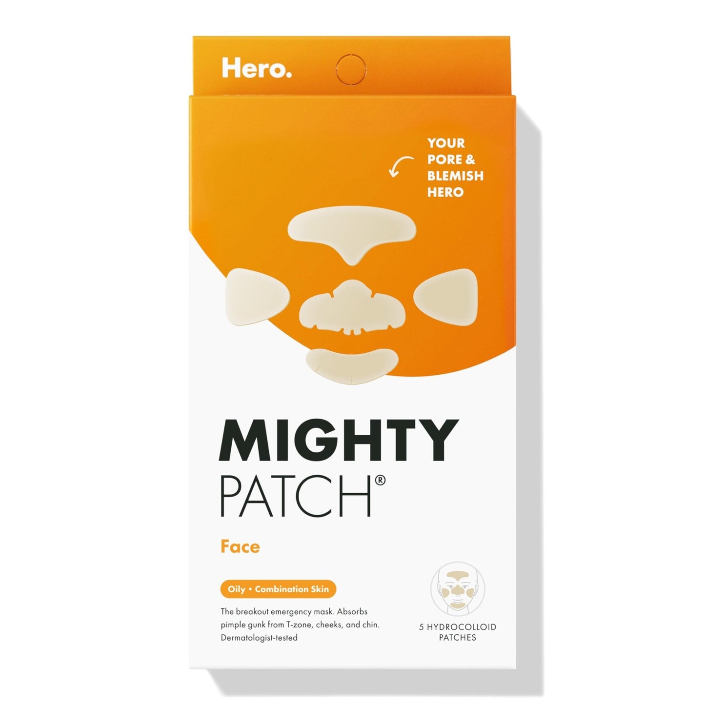 Hero Cosmetics Mighty Patch™ Face Patch - XL Hydrocolloid Face Mask for Acne, 5 Large Pimple Patches for Zit Breakouts on Nose, Chin, Forehead & Cheeks (1 Count) - Medaid International