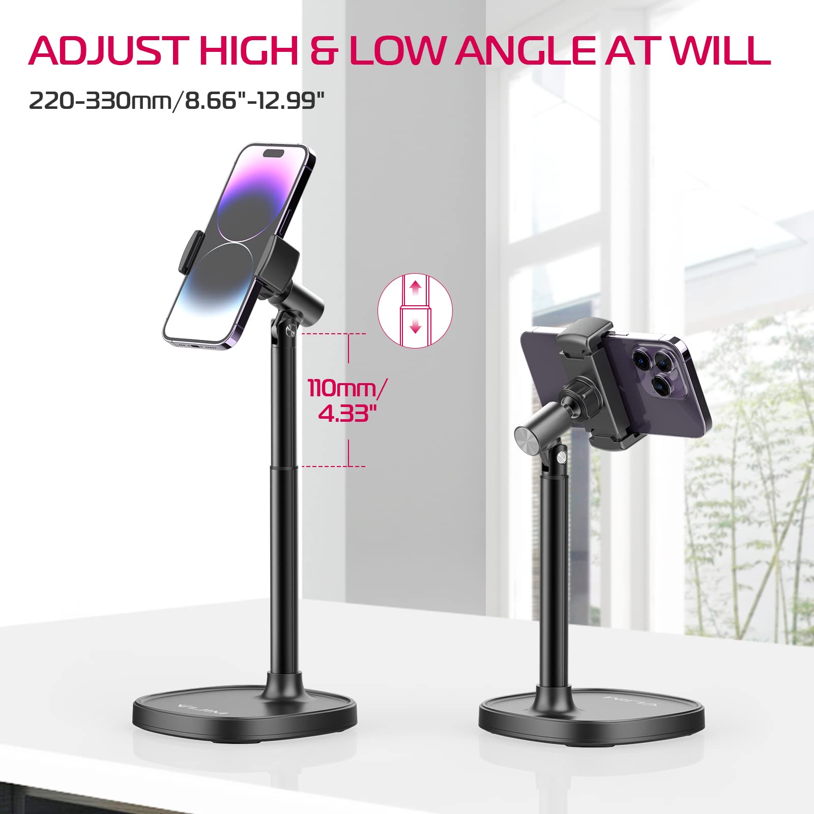 ULANZI Cell Phone Stand Mount for Desk, Vijim HP004 Adjustable Height & Angle Phone Holder, 360 Degree Rotating Desktop Phone Stand Compatible with iPhone, Samsung and All Phones - Medaid International