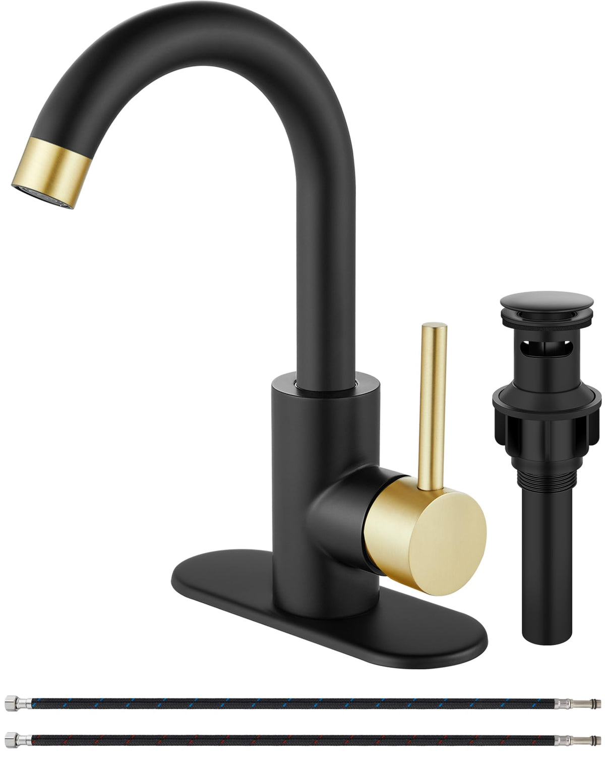 Midanya Matte Black Bathroom Sink Faucet Deck Mount SUS304 Stainless Steel Lavatory Mixer Tap 1 Hole Single Handle with Cover Plate Include Pop Up Drain with Overflow Commercial