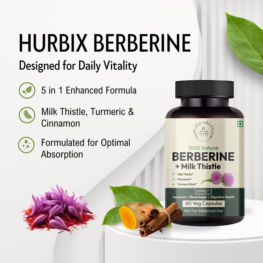 Hurbix Berberine - 1300 mg | 5 in 1 Enhanced Formula with Milk Thistle, Turmeric & Cinnamon | Premium High-Potency Formula | 60 Capsules - Medaid International