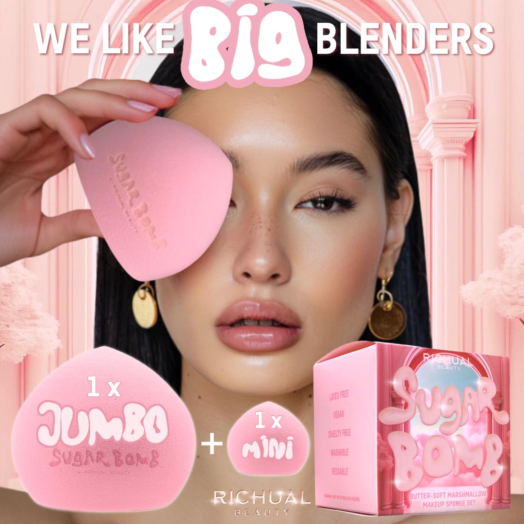 BIG SUGAR BOMB BLENDER Set by Richual Beauty ~ Butter Soft Marshmallow Makeup Sponges for Face & Body ~ Incl: 1 LARGE & 1 MINI Mochi Makeup Sponge ~ Flawless Application of Foundation Creams & Powders - Medaid International