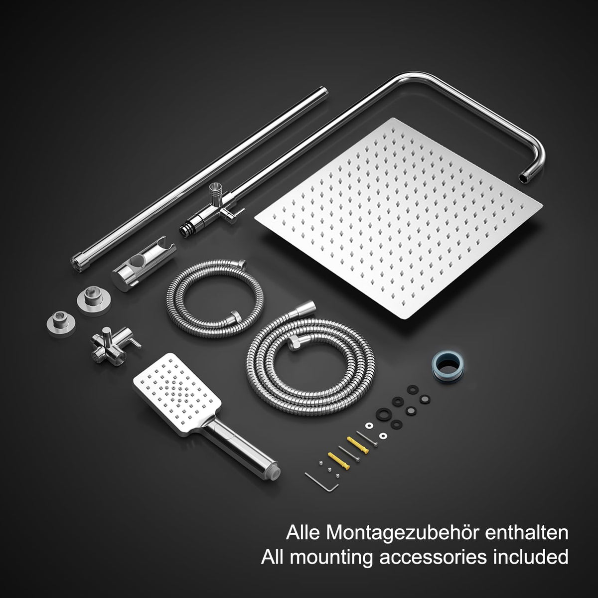 Görbach Stainless Steel Shower System, Shower Set without Luminaire, Rain Shower, Overhead Shower Set Chrome Square (SJ-E3030CP)