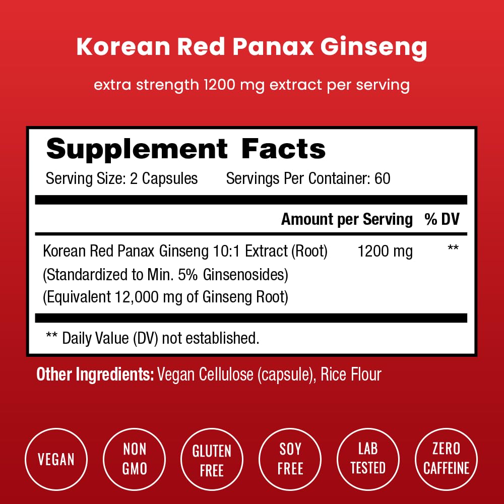 NutraChamps Korean Red Panax Ginseng Capsules | Extra Strength Ginsenosides for Energy, Focus, Performance, Vitality & Immune Support | Korean Ginseng Root Extract (120, Red) - Medaid International