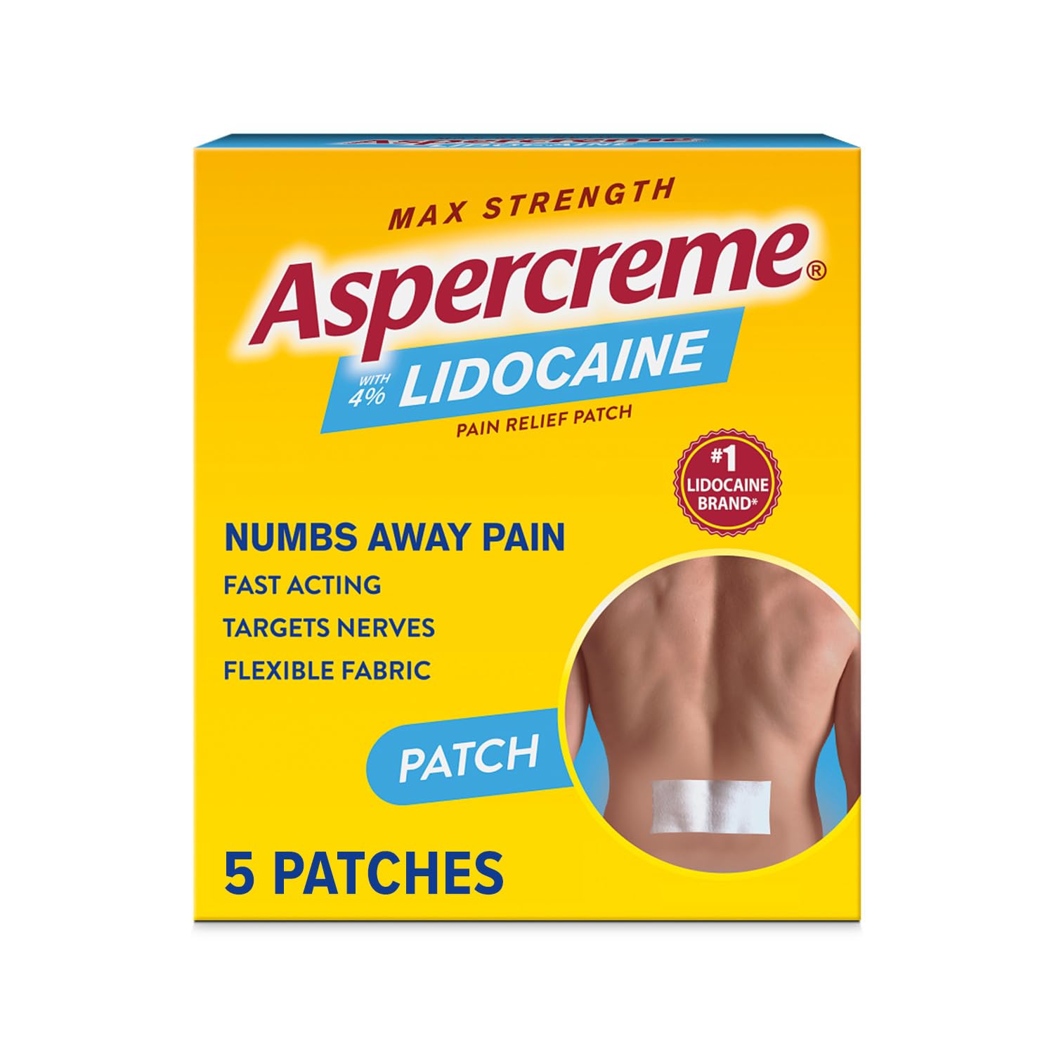 Aspercreme Max Strength Lidocaine Pain Relief Patch (5 Count) for Back Pain, Odor Free Pain Patches - Medaid International