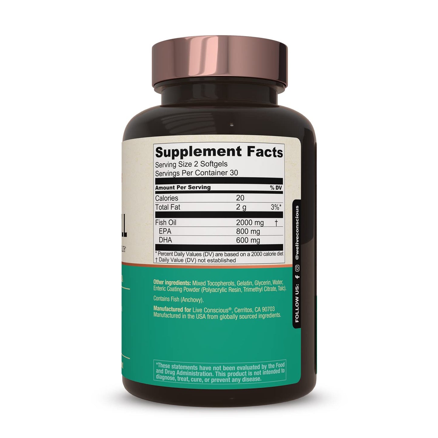 Live Conscious OmegaWell Omega 3 Fish Oil - 2000mg Capsules: Heart, Brain, & Joint Support - 800 mg EPA 600 mg DHA - Sustainably Sourced - Softgels - 30 Day Supply - Medaid International