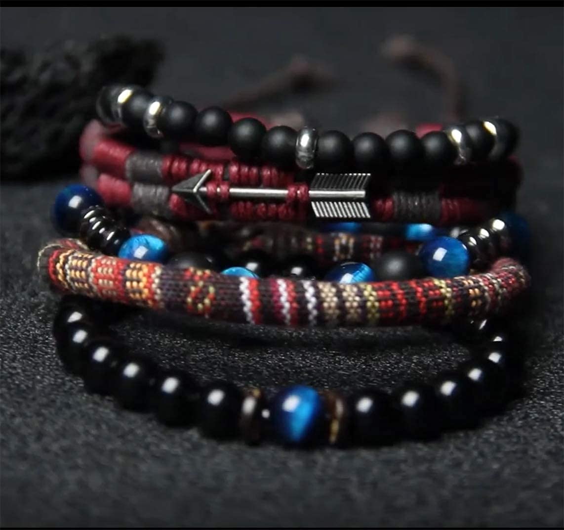 TERRIFI Braided Leather Bracelets for Men Women Wrap Tiger Eye Lava Rock Beads Bracelet Woven Ethnic Tribal Rope Wristbands Bracelets Set Adjustable