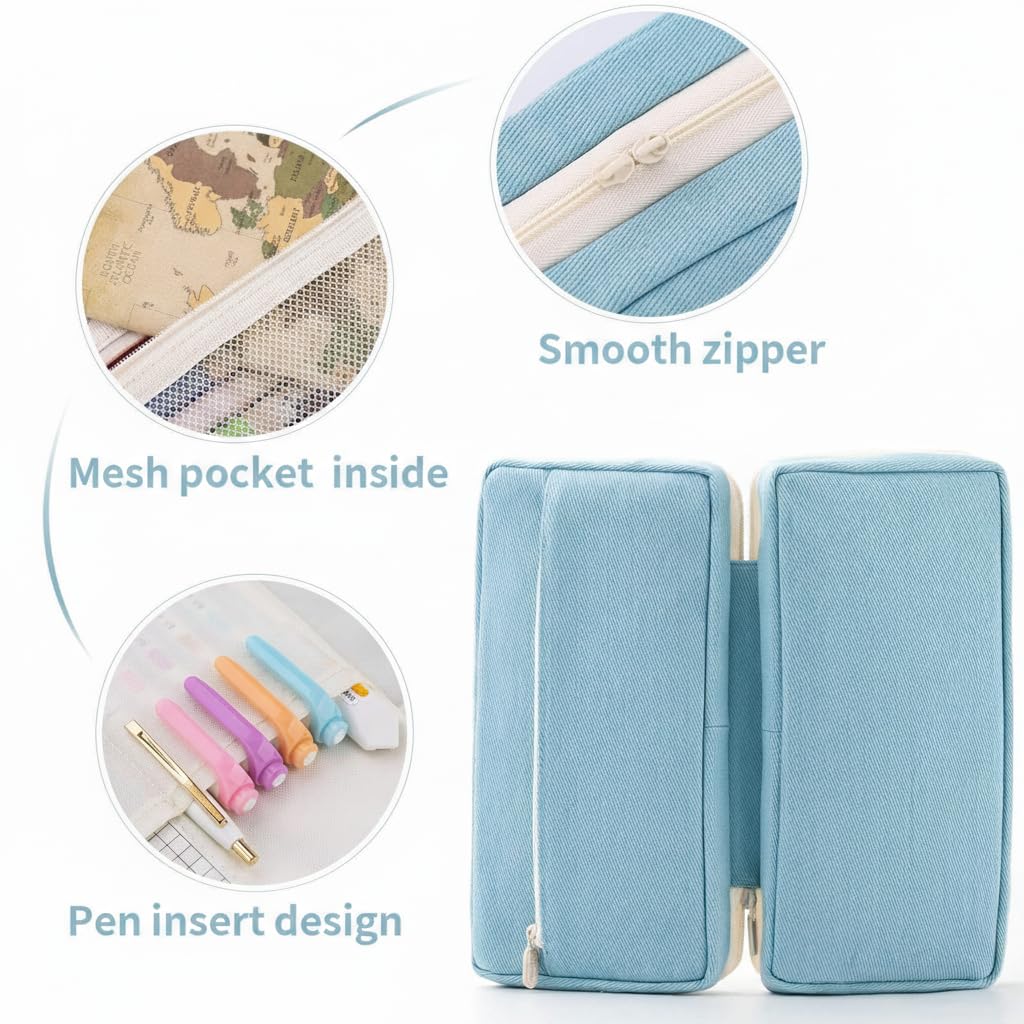 KASTWAVE Large Capacity Pencil Case, Big Capacity Pencil Pouch, Pen Marker Holder Double Zipper Storage Bag, Big Pencil Organizer for College School Office Teen Girl Boy Women Men Adult (Blue)