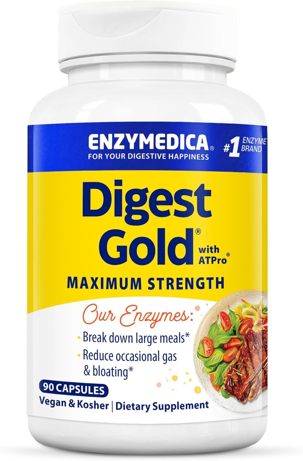 Enzymedica Digest Gold + ATPro, Maximum Strength Digestive Enzymes, Helps Digest Large Meals for Instant Bloating Relief, 90 Count - Medaid International