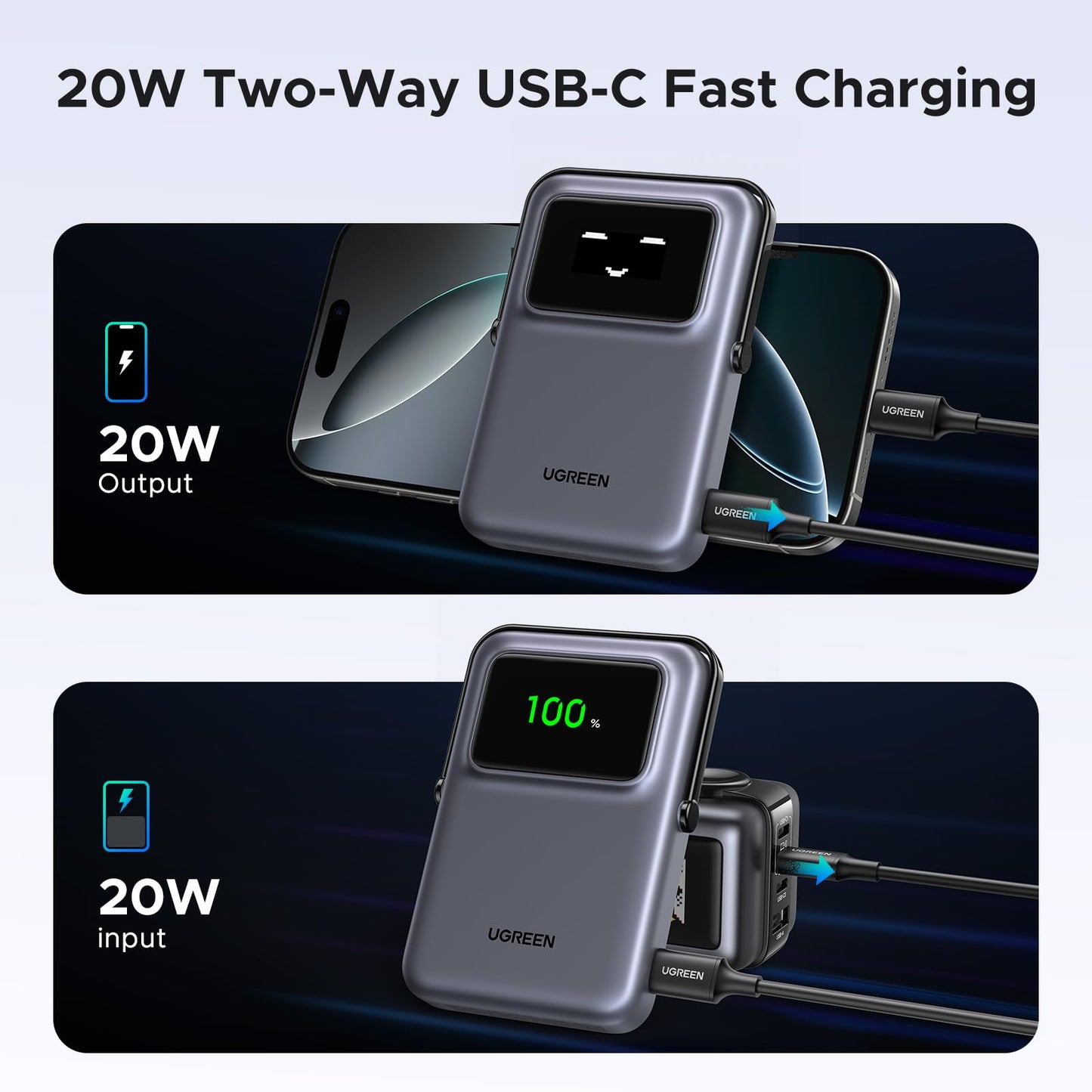 UGREEN Uno 10000mAh Magnetic Portable Charger, Qi 7.5W Wireless Power Bank, PD 20W USB C Battery Pack with Foldable Stand and TFT Display MagSafe Compatible iPhone 17/16 /15/14/13/12 Series, Black - Medaid International