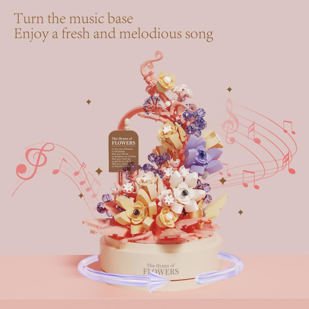 KASTWAVE Flower Building Set with Music Box Base & LED, Ideal Floral Building Block Toy Gift for Girls 8+, Floral Building Toy Office Home Decor, Mini Brick 560 PCS