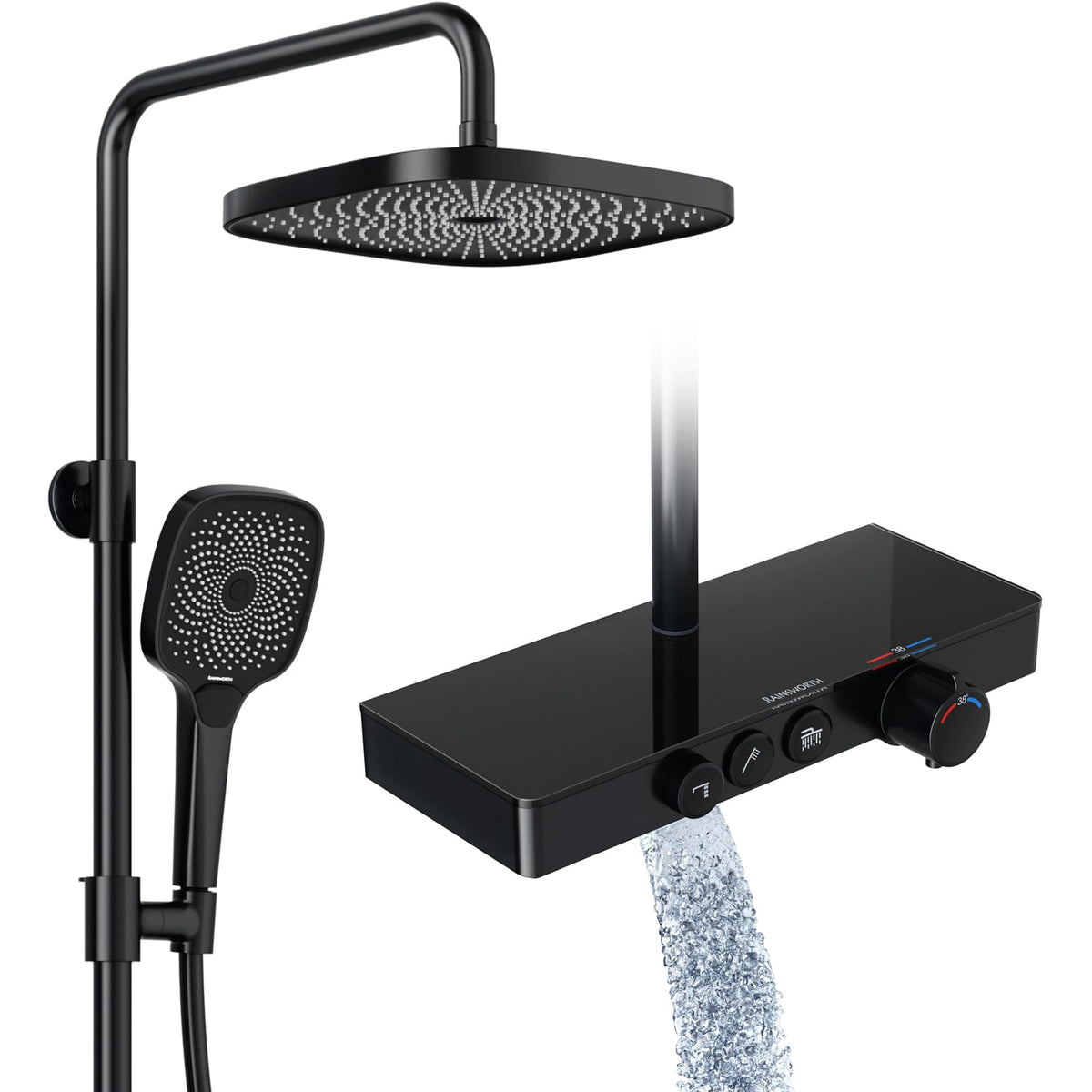 Rainsworth Shower System With Thermostat and Glass Shelf - Black Complete Set With Rain Shower 26 x 26 cm, Hand Shower 3 Jet Types and Lower Spout - Fitting With Tap