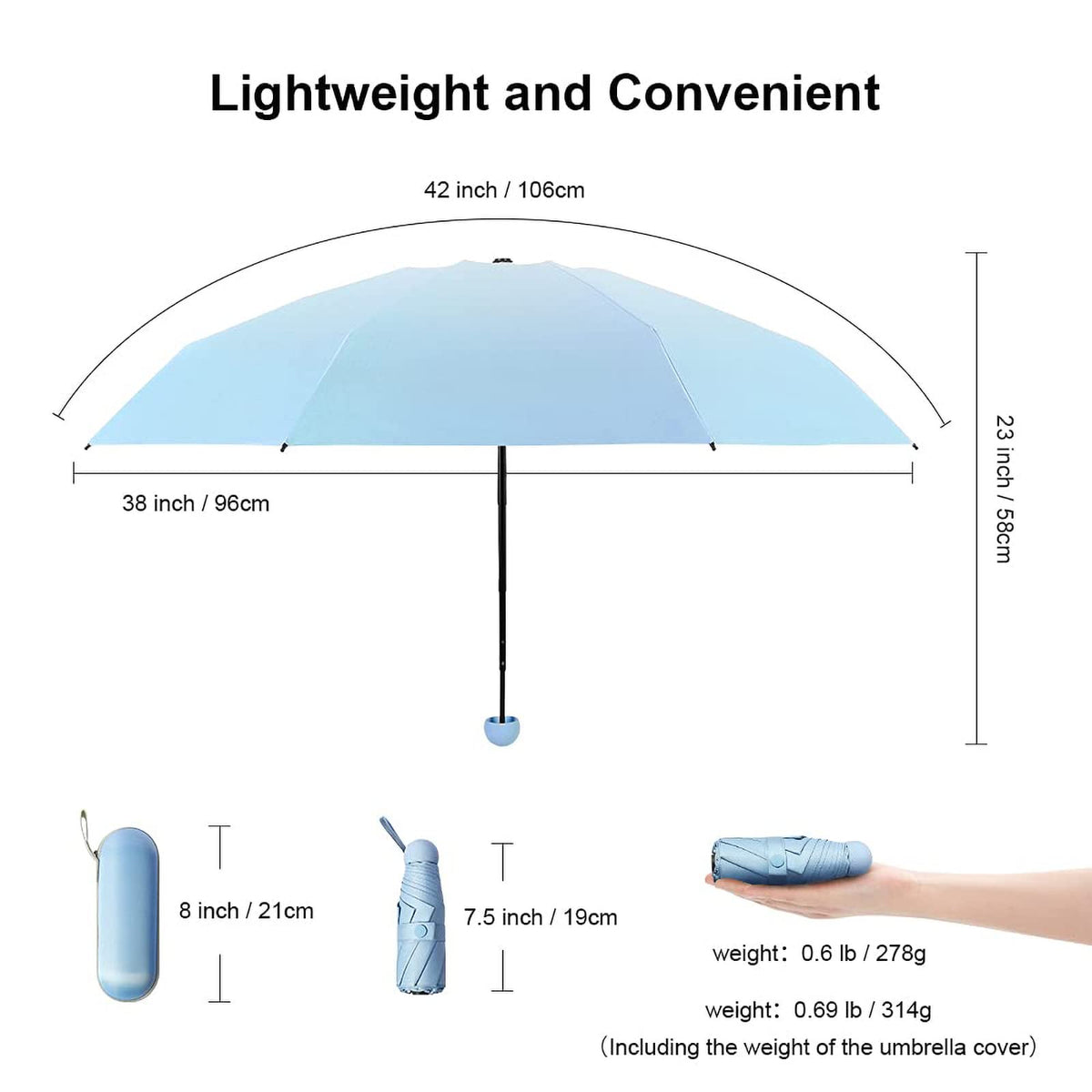 Mini Sun & Rain Umbrella, Mini Windproof Folding Travel Umbrella, KASTWAVE Portable Lightweight Compact Parasol with 95% UV Protection for Sun and Rain, Popular Style for women and men.