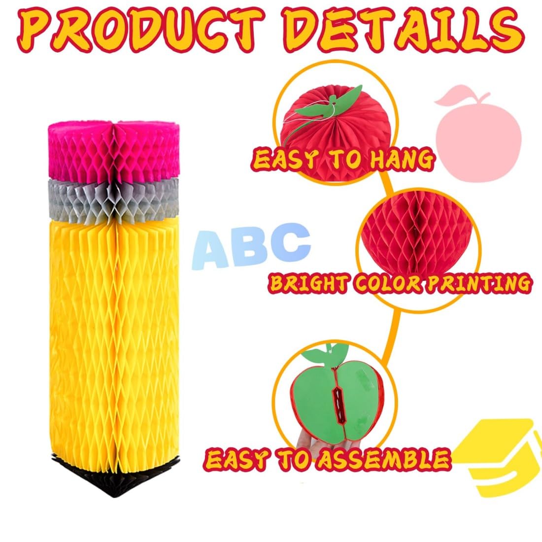 TERRIFI 16Pcs Back to School Classroom Decorations – Pencil & Apple Shaped Hanging Honeycomb Ornaments for Teacher Appreciation Week, First Day of School, Nursery, Primary