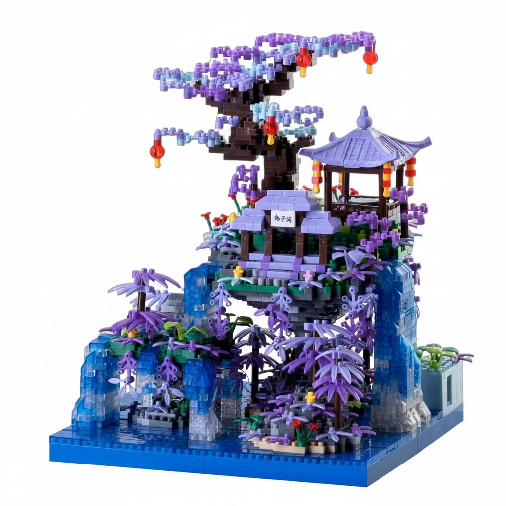 KASTWAVE Peach Blossom Pond Micro Mini Building Blocks Set, Chinese Architecture Cherry Bonsai Gift Toys with String Lights, Japanese Sakura Tree House Micro Bricks for Adults and 14+ Kids (3320 Pcs)