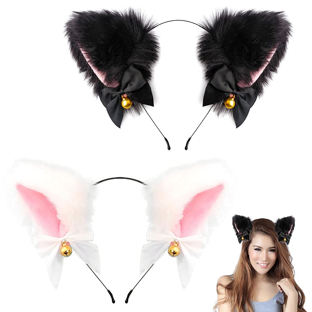 Terrifi Cat Ears Hair Band, Cute Fox Faux Fur Ear Cosplay Hairband With Bells Clip Hoop Accessories For Halloween Costume Party 2 Pcs