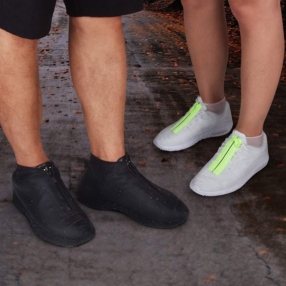 TERRIFI Upgrade Reusable Silicone Waterproof Shoe Covers with Zipper, Non-Slip Textured Sole Washable Rain Overshoes for Rainy Day Commute Gardening Camping, for Men Women-White, Size M (33-38cm)