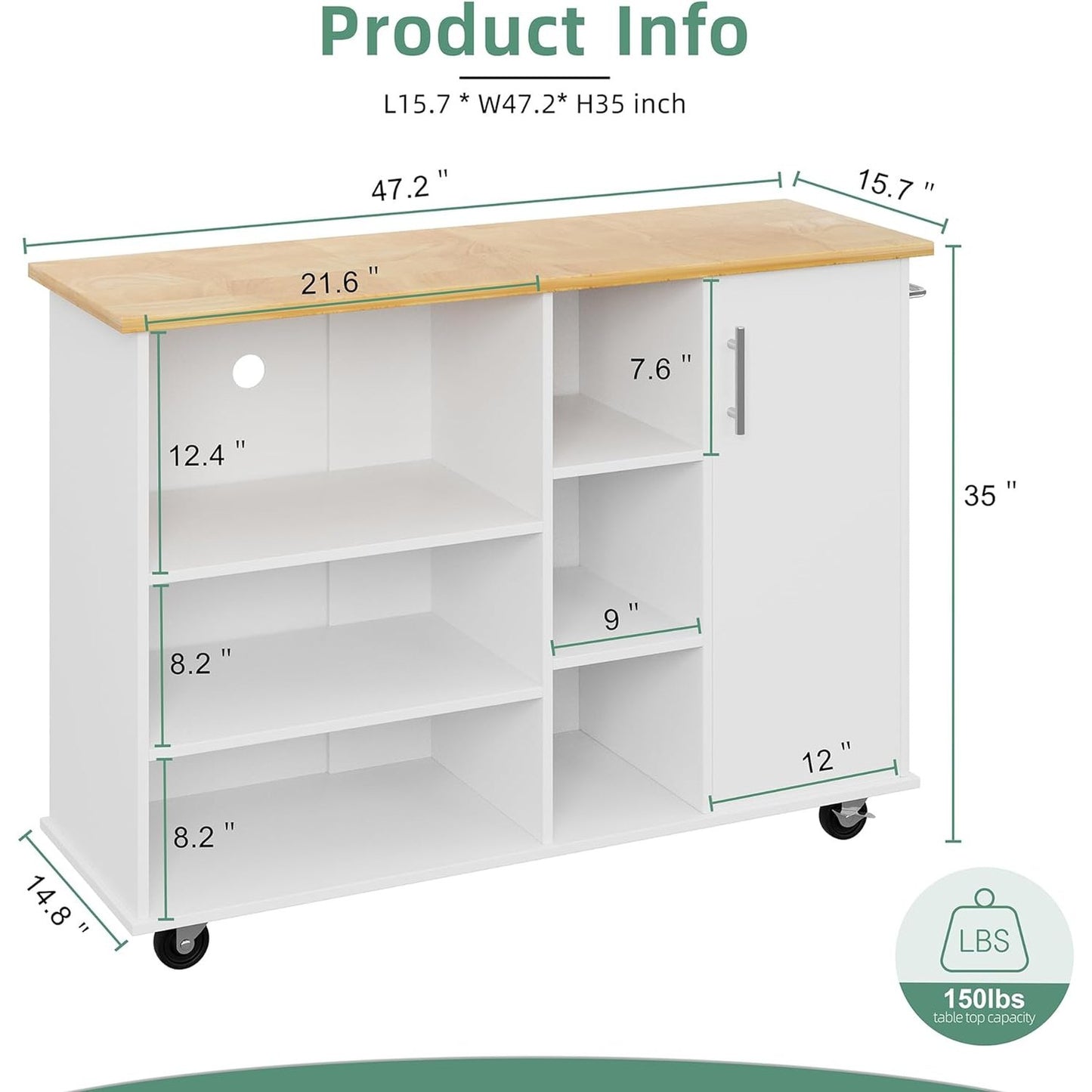 Shintenchi Kitchen Island Cart with Storage,Rolling Kitchen Island Storage Cabinet,Side Table on Wheels with Worktop,3 Open Shelves and 3 Drawers for Kitchen,Dinning Room, White - Medaid International