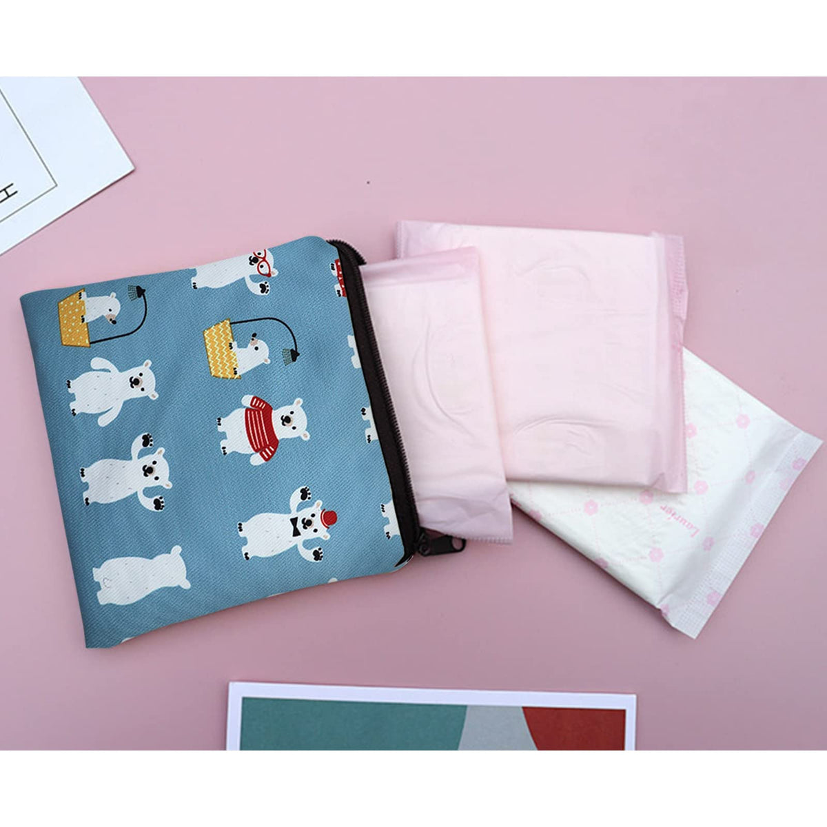 TERRIFI Sanitary Napkin Storage Bag, 3 Pack Cartoon Sanitary Napkin Pads Storage Bag with Zipper 5x5 inches First Period Bag for Girls, Women, Ladies