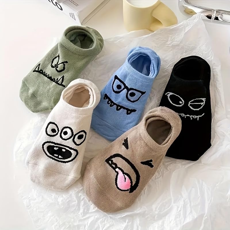 TERRIFI 5 Pairs of Cartoon Print Low Cut Ankle Socks, Funny Breathable Women's Stockings for Everyday Wear
