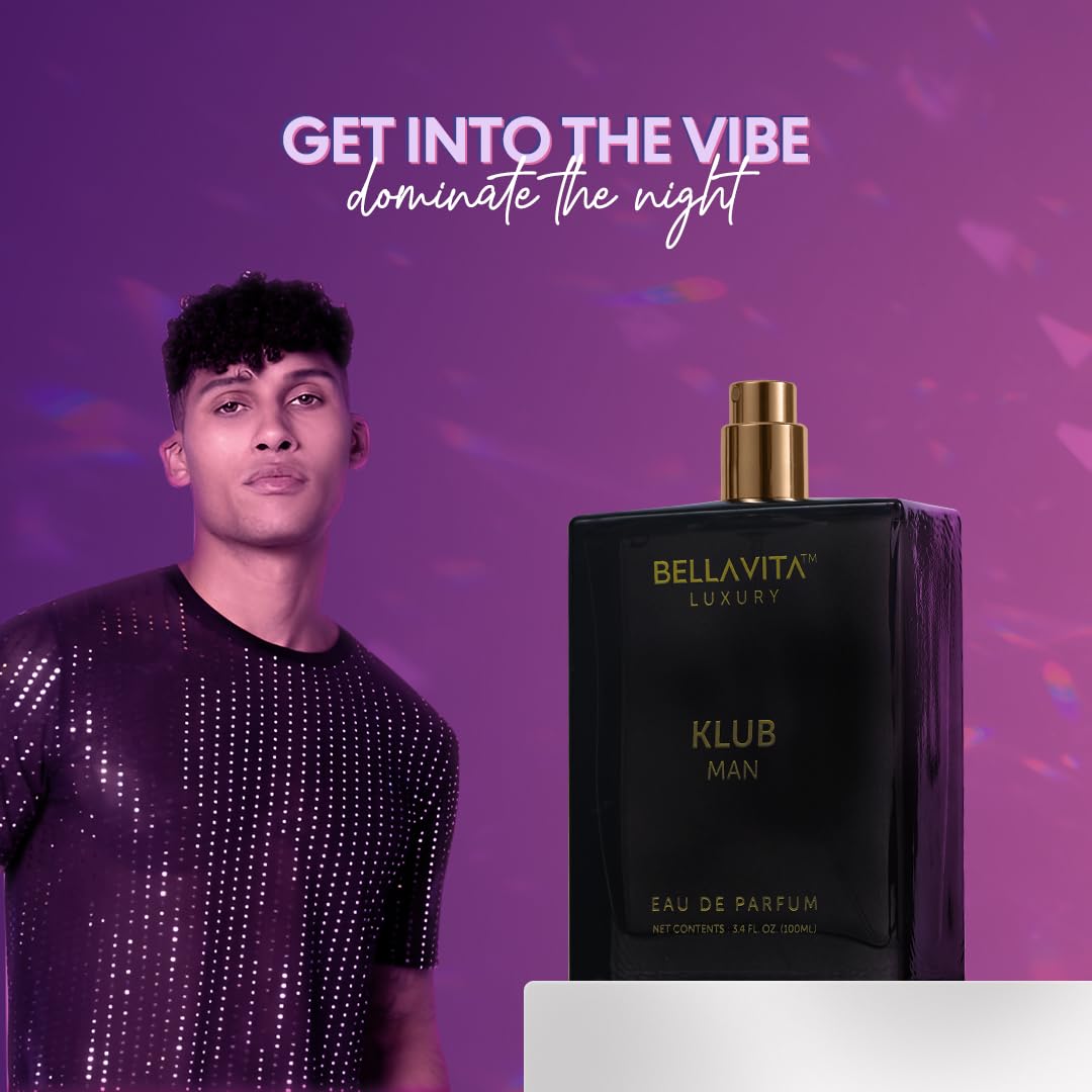 BellaVita Luxury KLUB Men's Eau De Parfum (100ml) | Intense, Masculine Party Perfume for Men | Notes: Lemon, Jasmine, Rose, Musk, Amber and Patchouli | Made with Premium Long-Lasting Perfume Oils - Medaid International