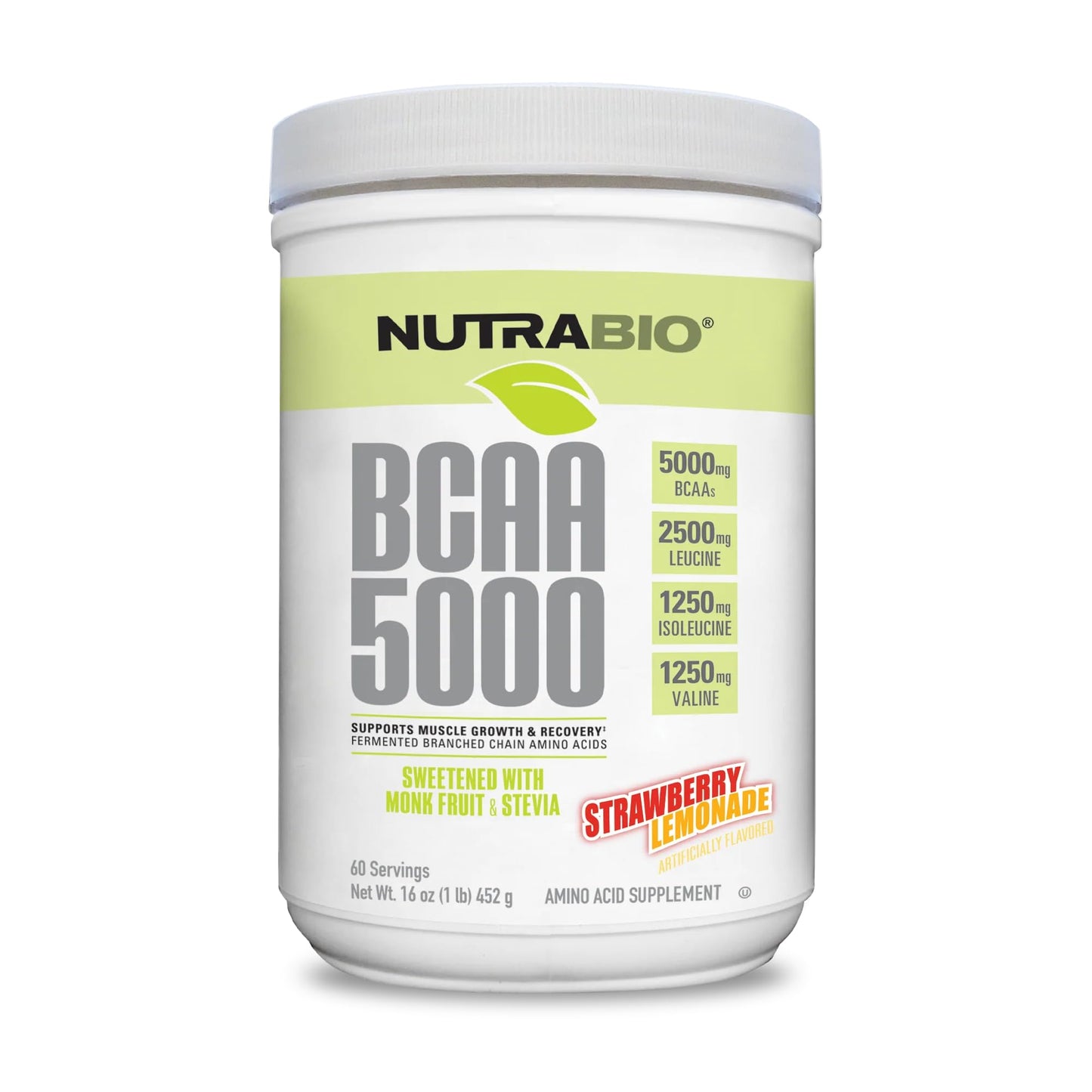 NutraBio BCAA 5000 Powder - Fermented Branched Chain Amino Acids for Muscle Growth & Recovery - Natural Flavors, Sweeteners, and Coloring, Vegan, Gluten Free - Strawberry Lemonade, 60 Servings - Medaid International